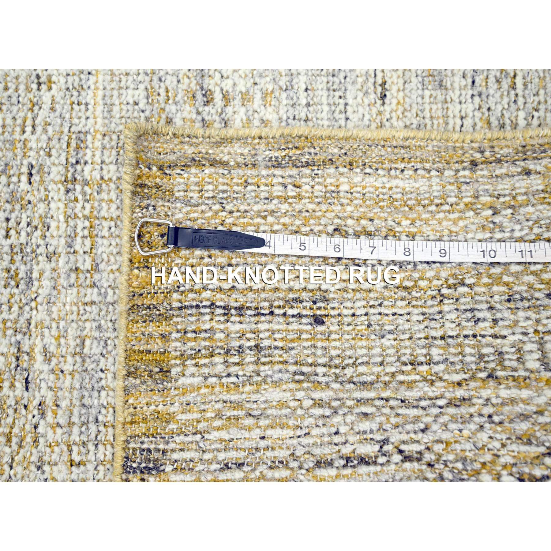 2'7"x8'2" Powder White with Nugget Gold, Hand Knotted, Oxidized and Distressed Grass Design with Exposed Warps, 100% Wool, Runner, Oriental Rug Sh76249