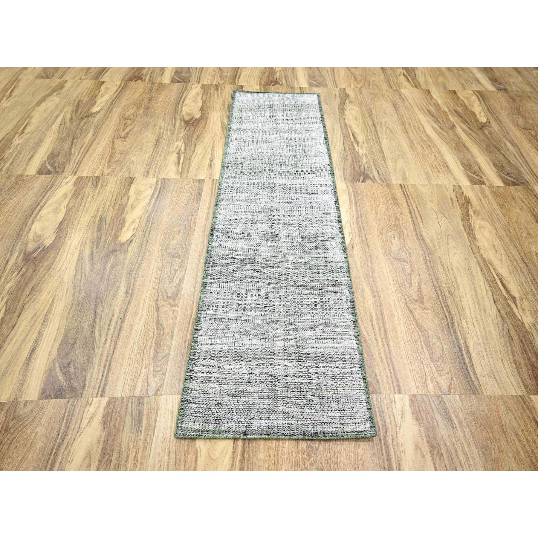 2'7"x8' Daisy White with Seaweed Green, Hand Knotted, Oxidized and Distressed Grass Design with Exposed Warps, 100% Wool, Runner, Oriental Rug Sh76251