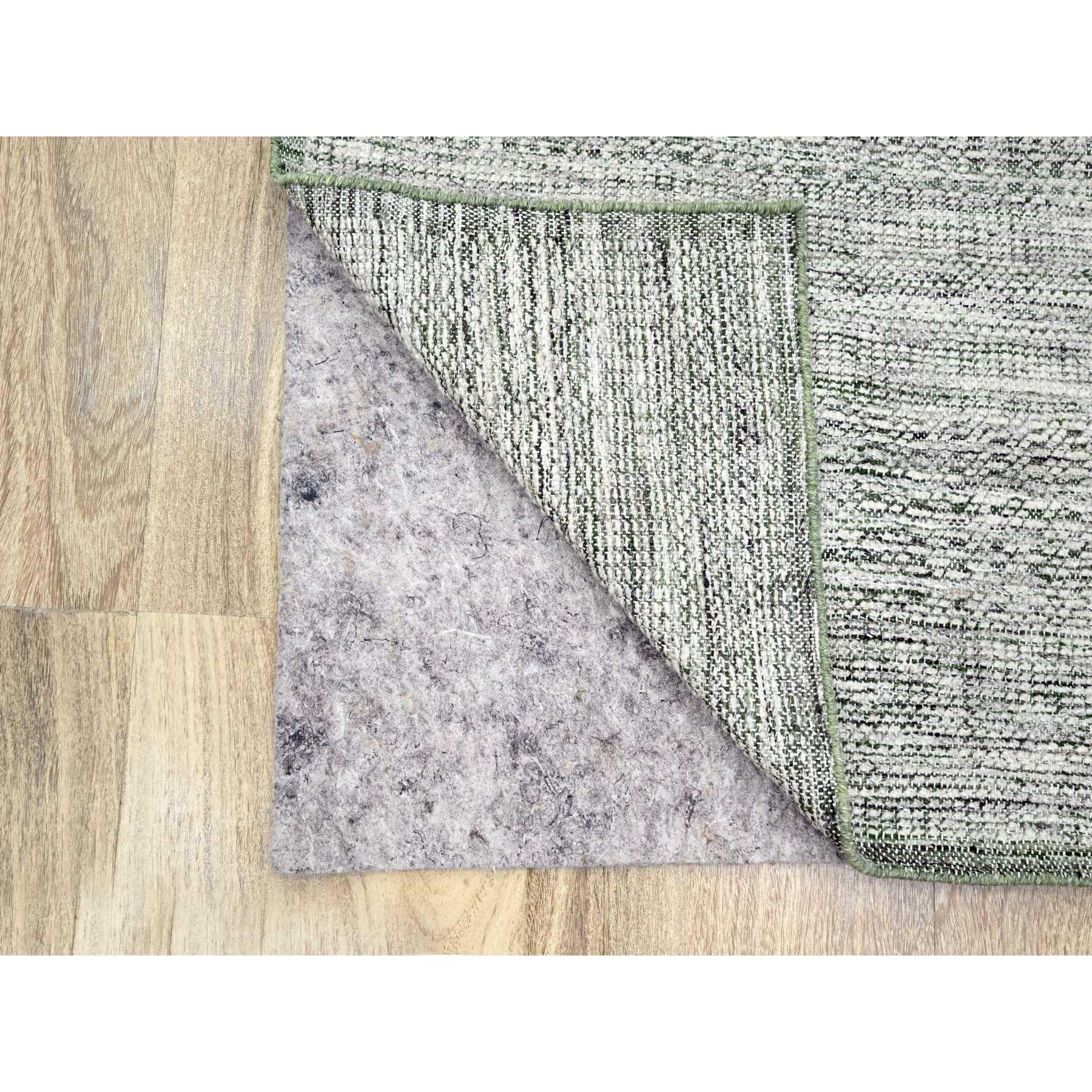 2'7"x8' Daisy White with Seaweed Green, Hand Knotted, Oxidized and Distressed Grass Design with Exposed Warps, 100% Wool, Runner, Oriental Rug Sh76251