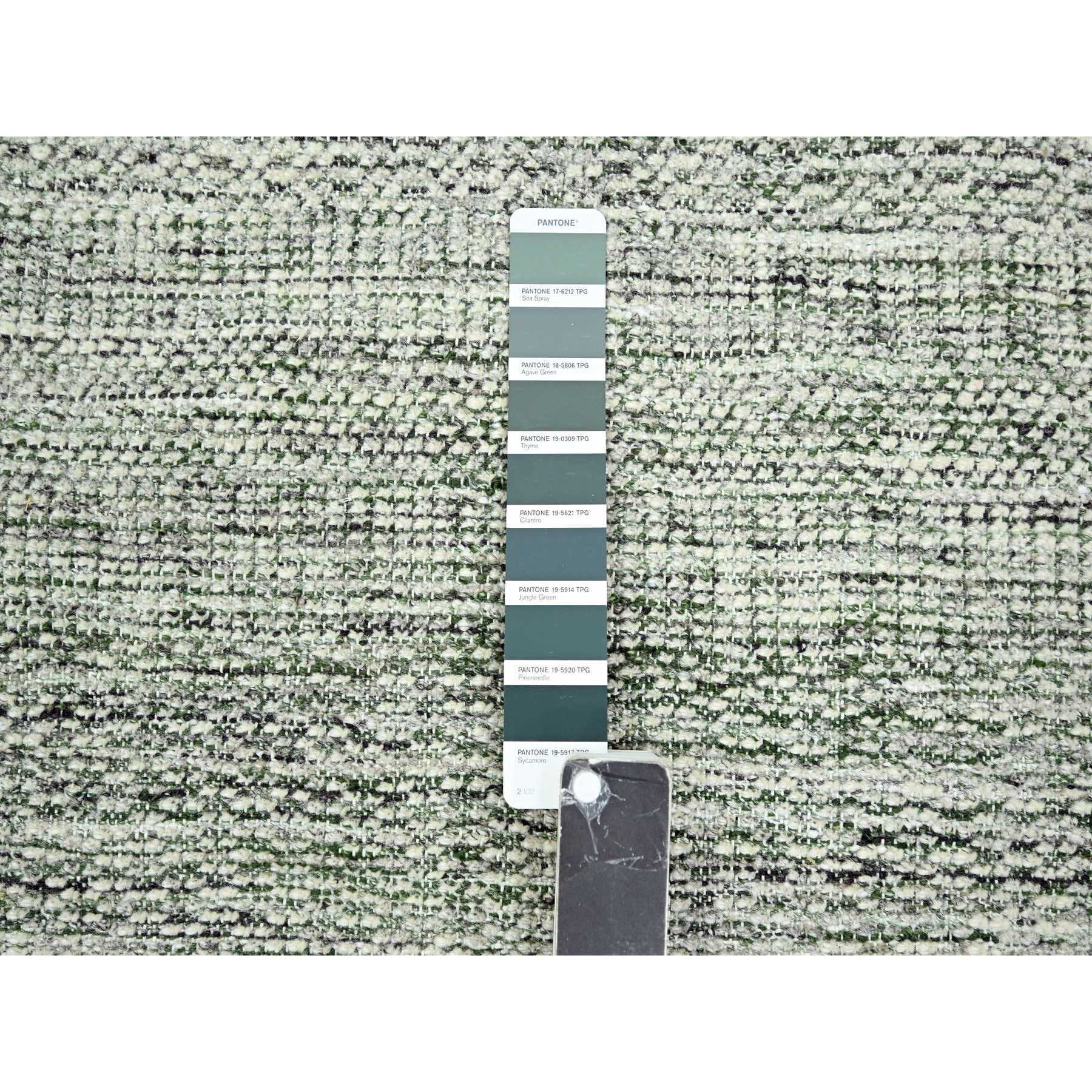 2'7"x8' Daisy White with Seaweed Green, Hand Knotted, Oxidized and Distressed Grass Design with Exposed Warps, 100% Wool, Runner, Oriental Rug Sh76251