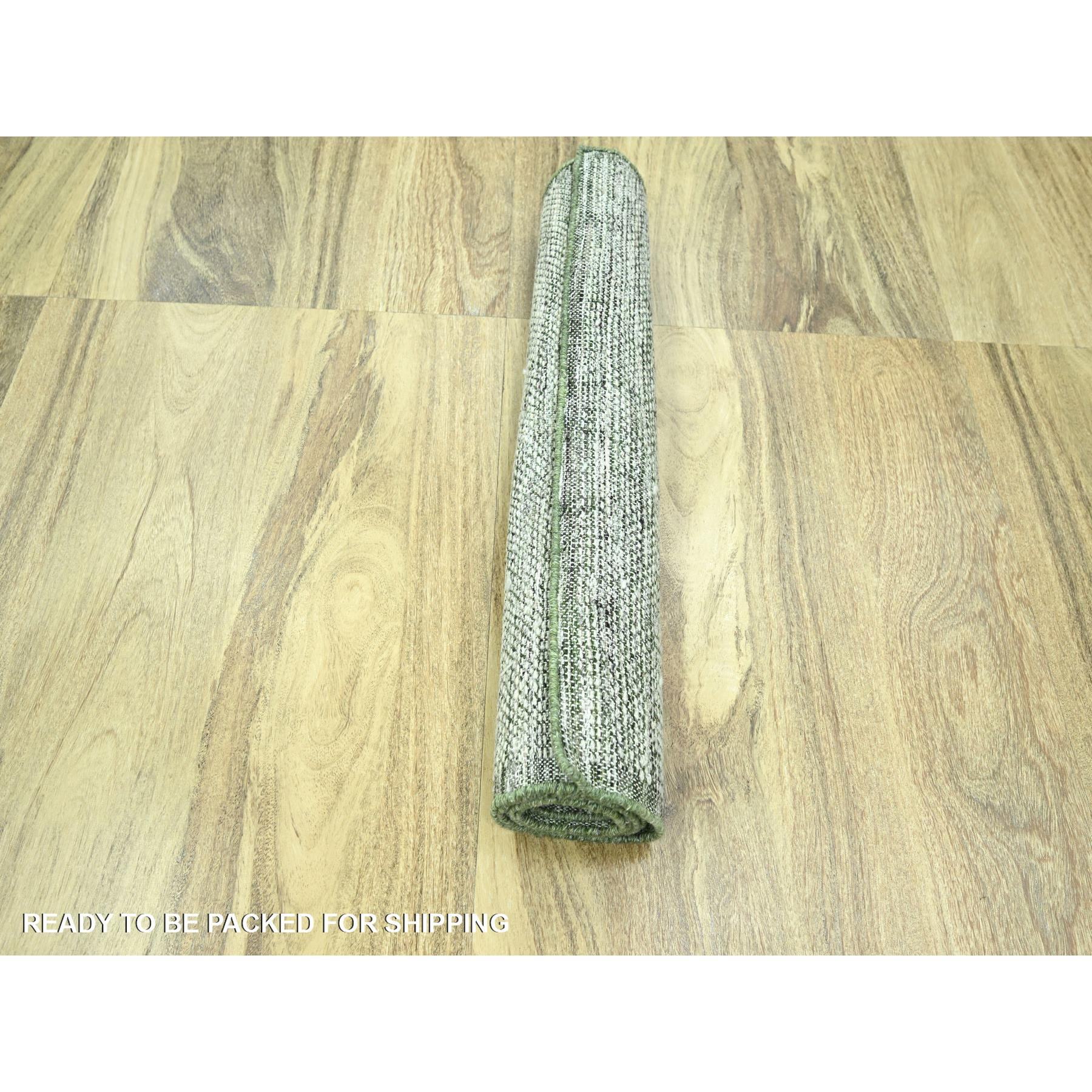 2'7"x8' Daisy White with Seaweed Green, Hand Knotted, Oxidized and Distressed Grass Design with Exposed Warps, 100% Wool, Runner, Oriental Rug Sh76251
