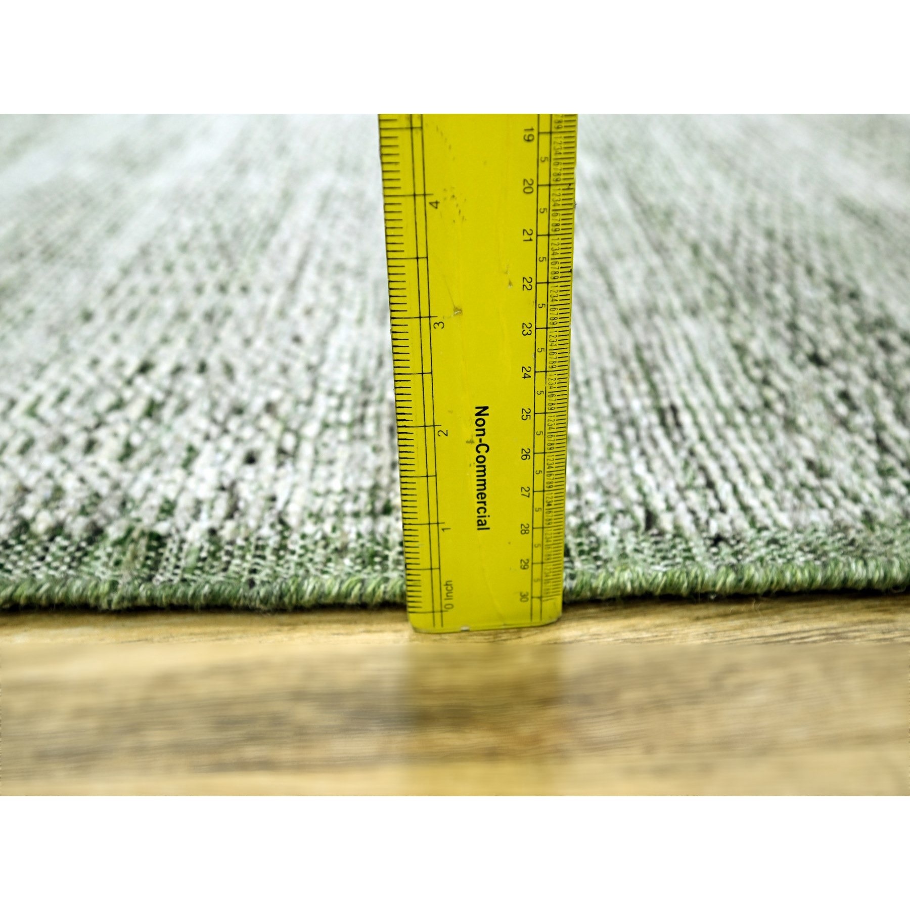 2'7"x8' Daisy White with Seaweed Green, Hand Knotted, Oxidized and Distressed Grass Design with Exposed Warps, 100% Wool, Runner, Oriental Rug Sh76251