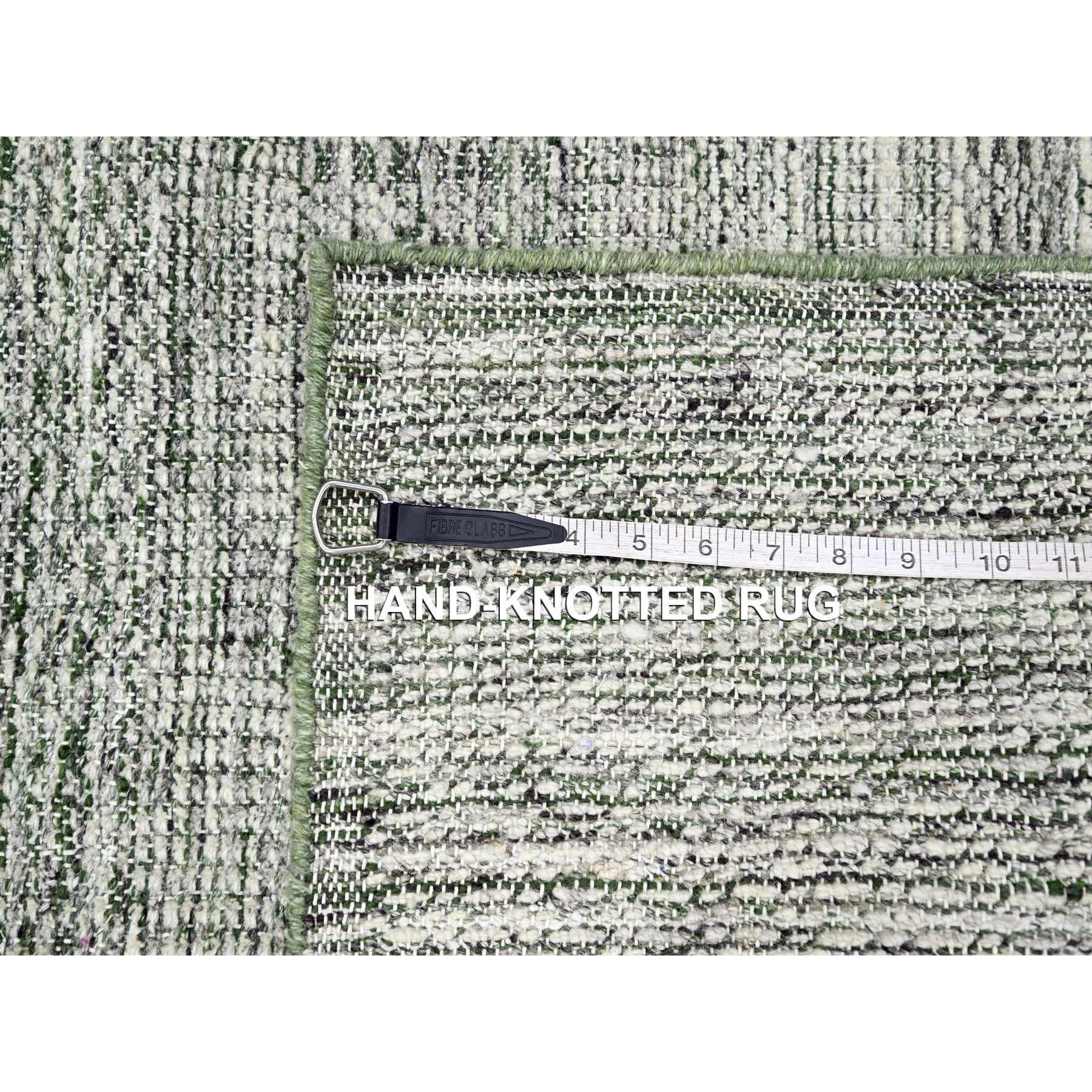 2'7"x8' Daisy White with Seaweed Green, Hand Knotted, Oxidized and Distressed Grass Design with Exposed Warps, 100% Wool, Runner, Oriental Rug Sh76251