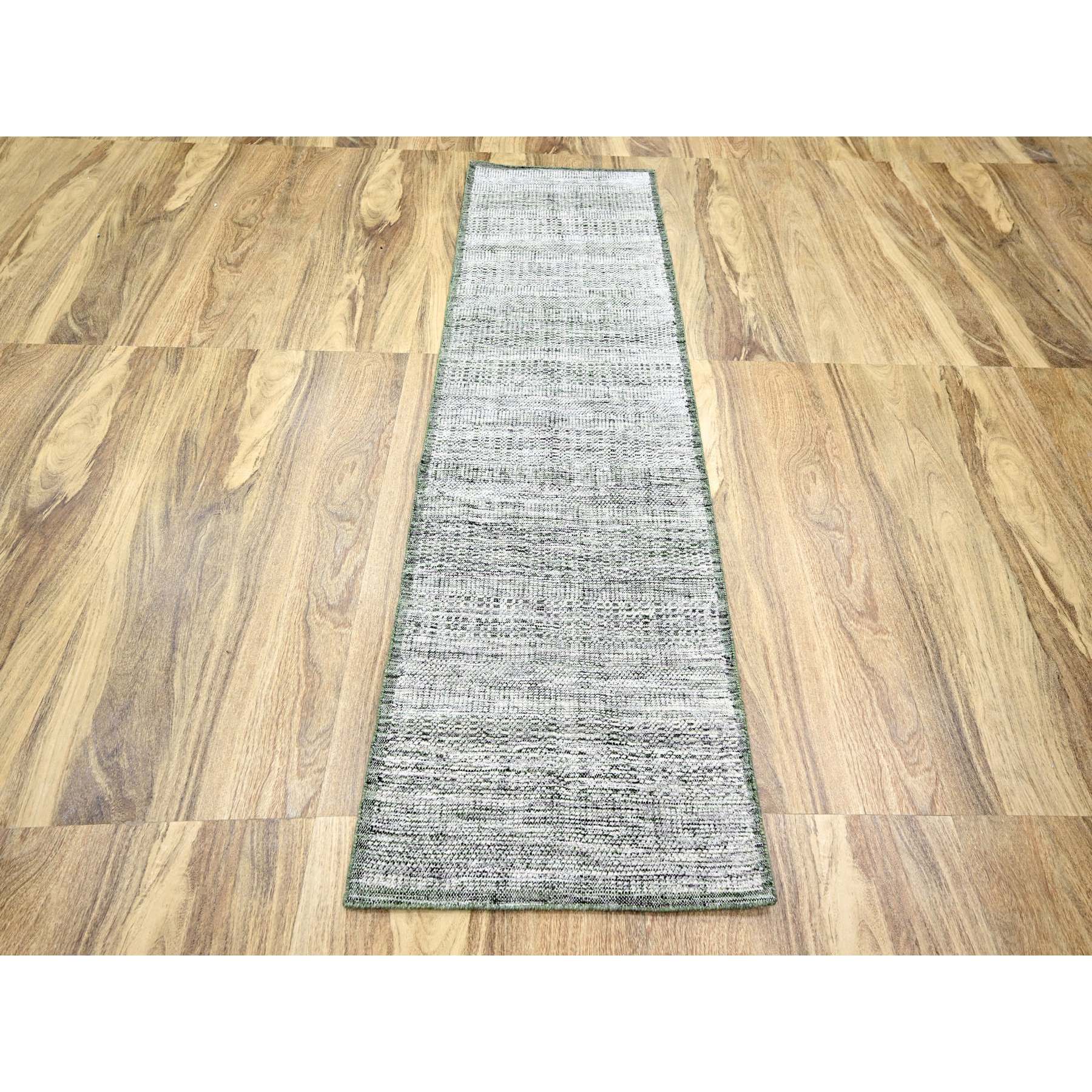 2'6"x8' Vista White with Pine Green, 100% Wool, Hand Knotted, Oxidized and Distressed Grass Design with Exposed Warps, Runner, Oriental Rug Sh76252