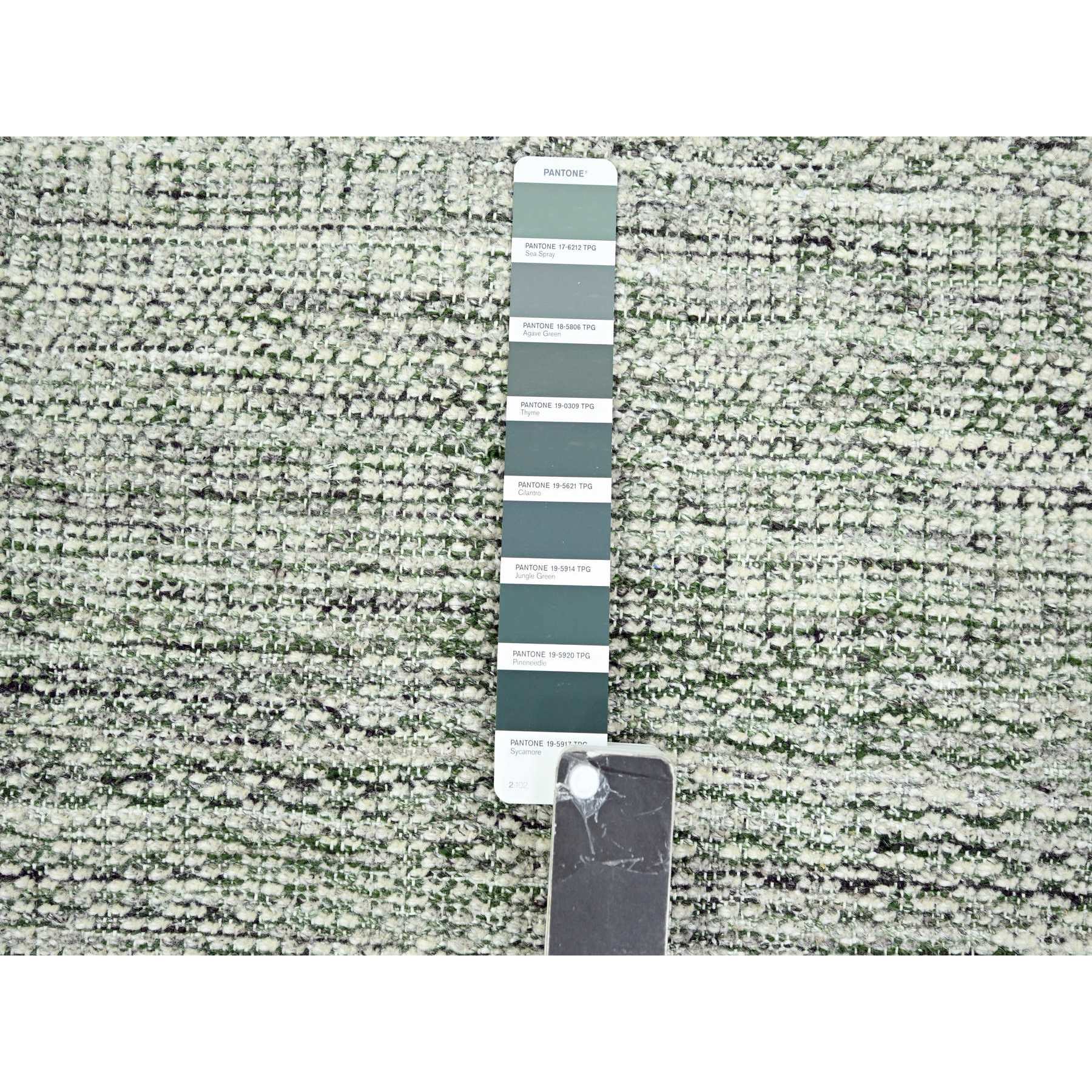 2'6"x8' Vista White with Pine Green, 100% Wool, Hand Knotted, Oxidized and Distressed Grass Design with Exposed Warps, Runner, Oriental Rug Sh76252