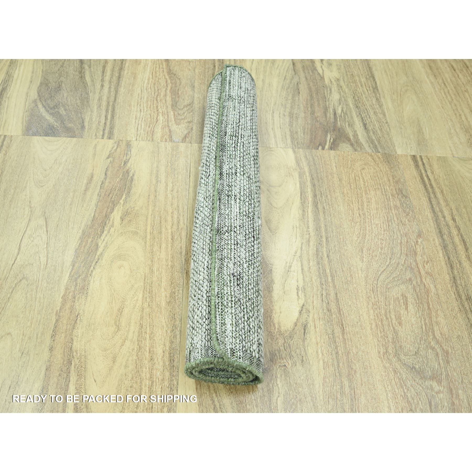 2'6"x8' Vista White with Pine Green, 100% Wool, Hand Knotted, Oxidized and Distressed Grass Design with Exposed Warps, Runner, Oriental Rug Sh76252