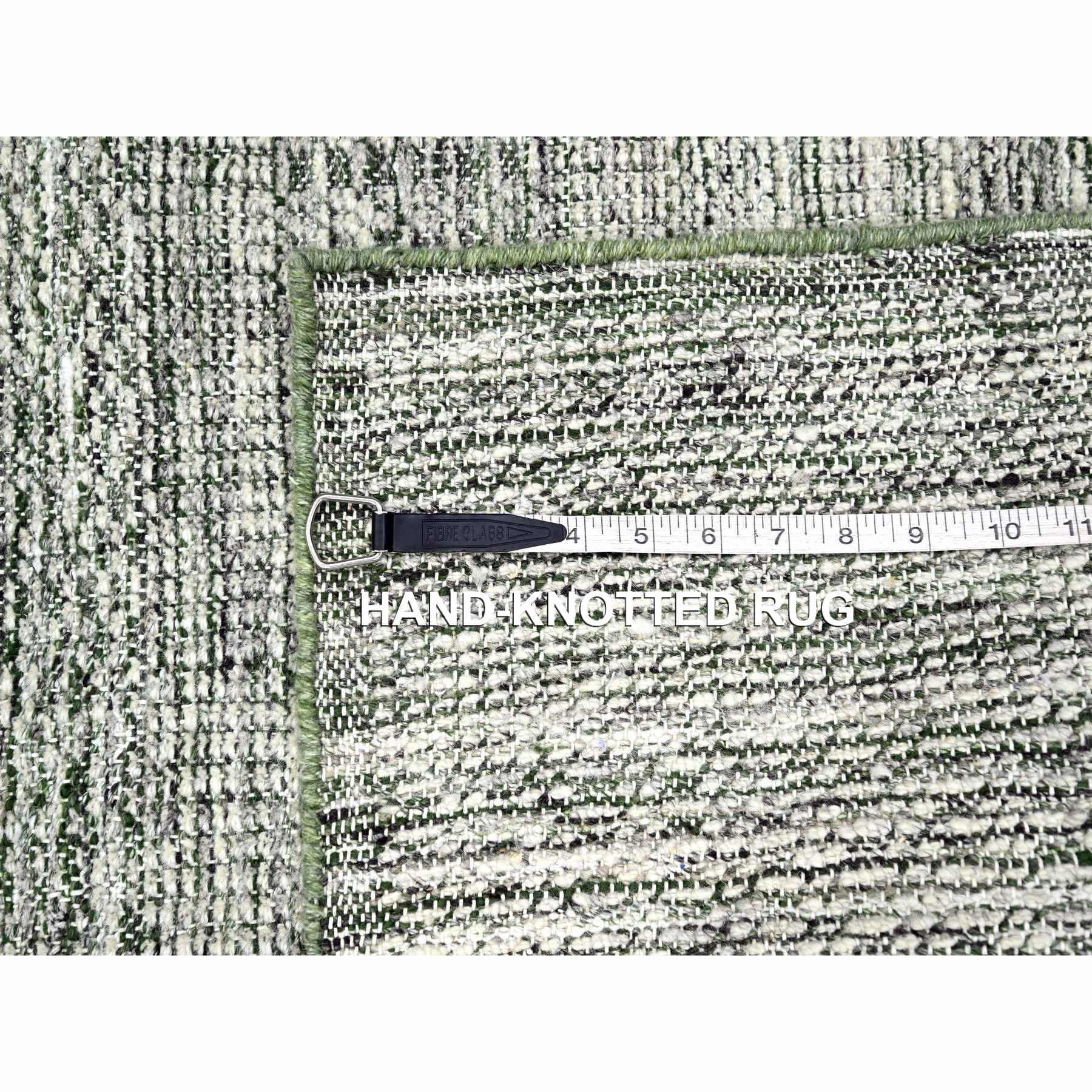 2'6"x8' Vista White with Pine Green, 100% Wool, Hand Knotted, Oxidized and Distressed Grass Design with Exposed Warps, Runner, Oriental Rug Sh76252