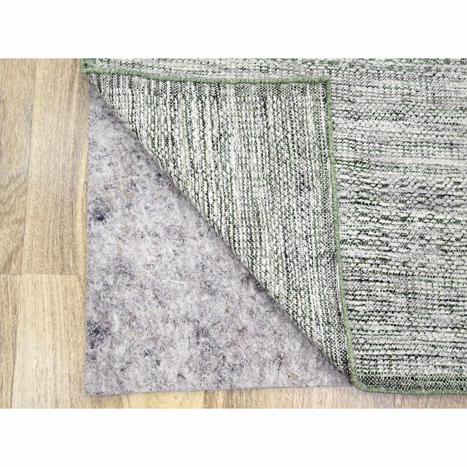 2'3"x8' Cotton White with Forest Green, Hand Knotted, Oxidized and Distressed Grass Design with Exposed Warps, 100% Wool, Narrow Runner, Oriental Rug Sh76253