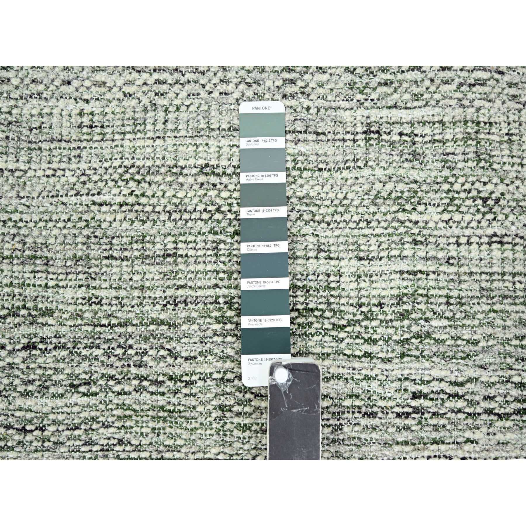 2'3"x8' Cotton White with Forest Green, Hand Knotted, Oxidized and Distressed Grass Design with Exposed Warps, 100% Wool, Narrow Runner, Oriental Rug Sh76253