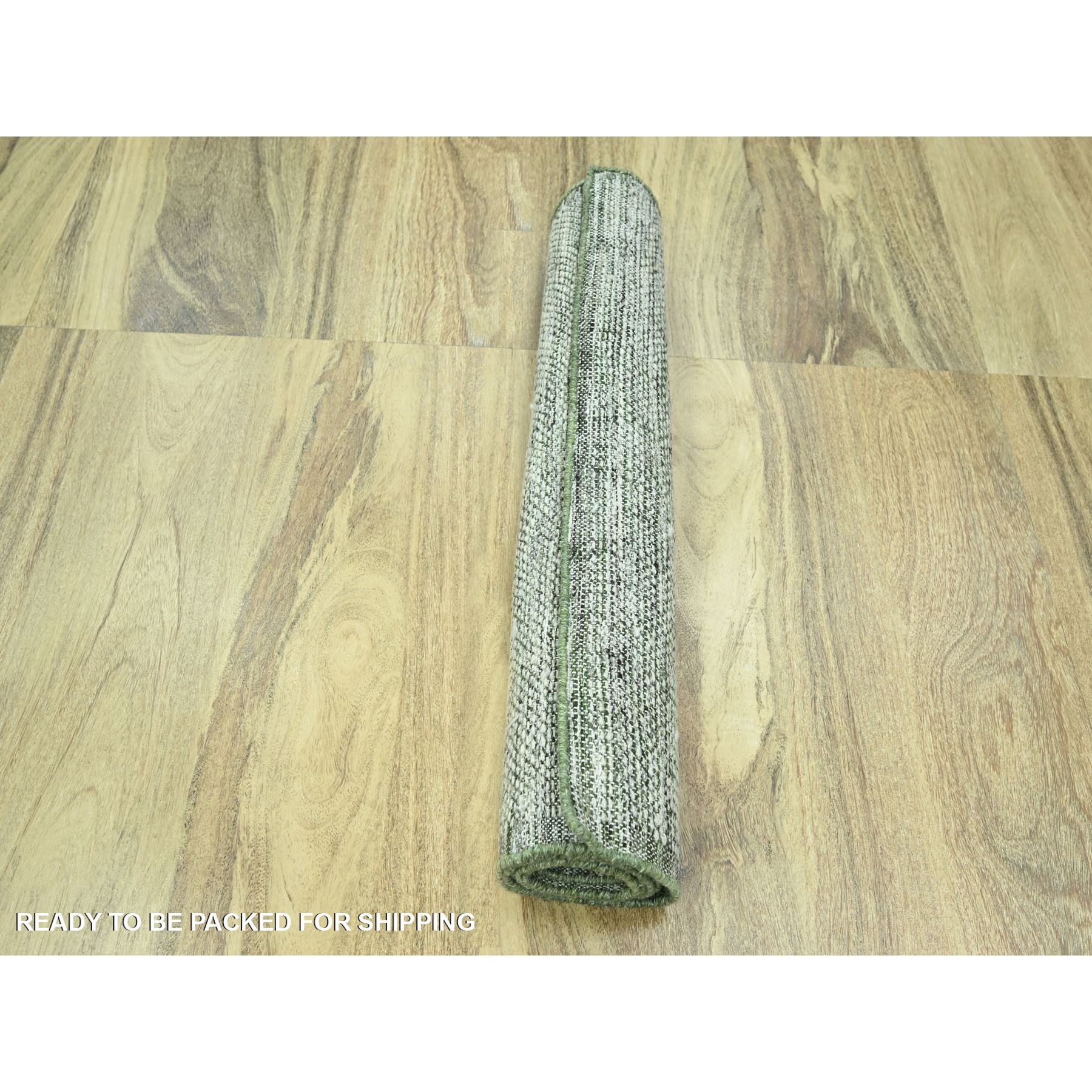 2'3"x8' Cotton White with Forest Green, Hand Knotted, Oxidized and Distressed Grass Design with Exposed Warps, 100% Wool, Narrow Runner, Oriental Rug Sh76253