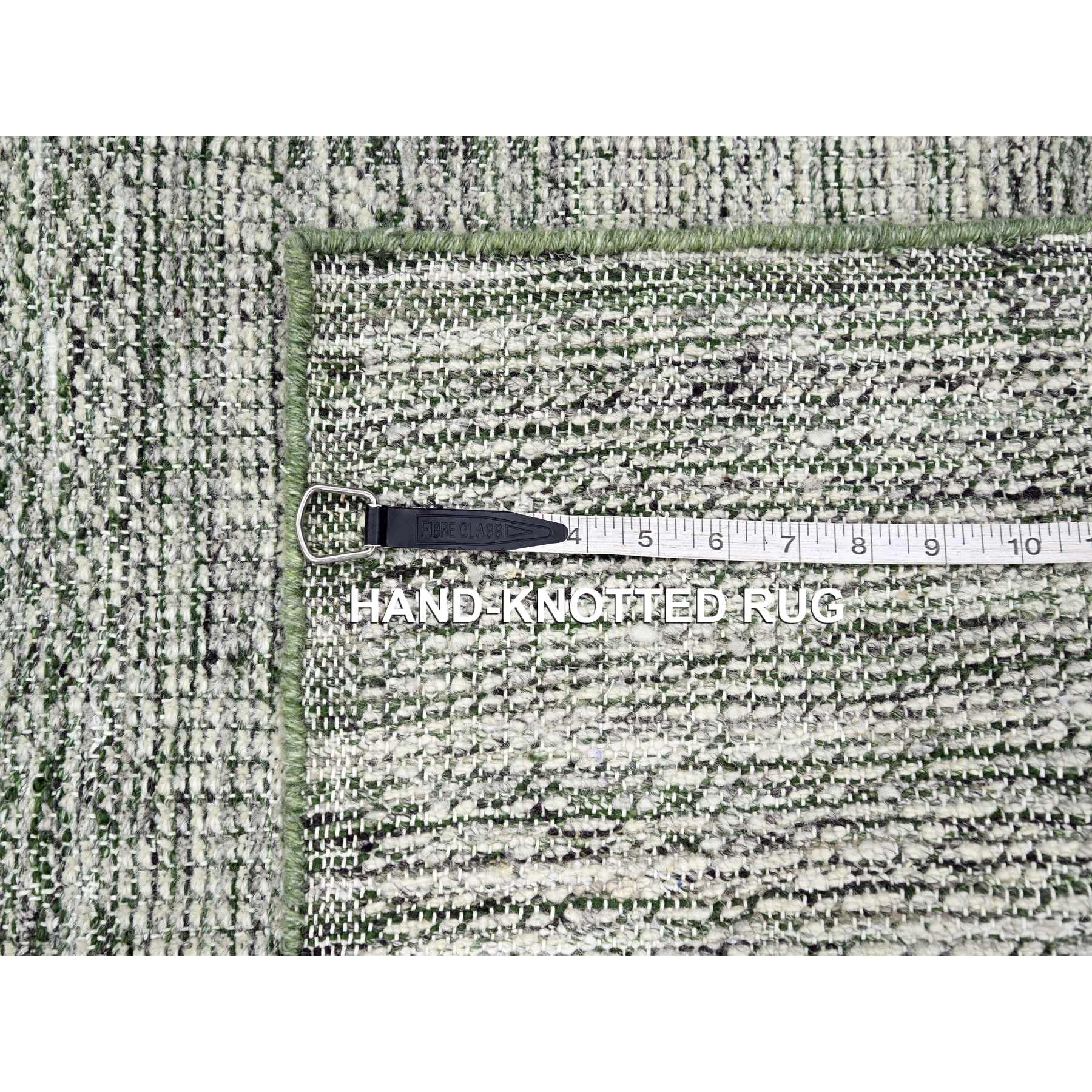 2'3"x8' Cotton White with Forest Green, Hand Knotted, Oxidized and Distressed Grass Design with Exposed Warps, 100% Wool, Narrow Runner, Oriental Rug Sh76253