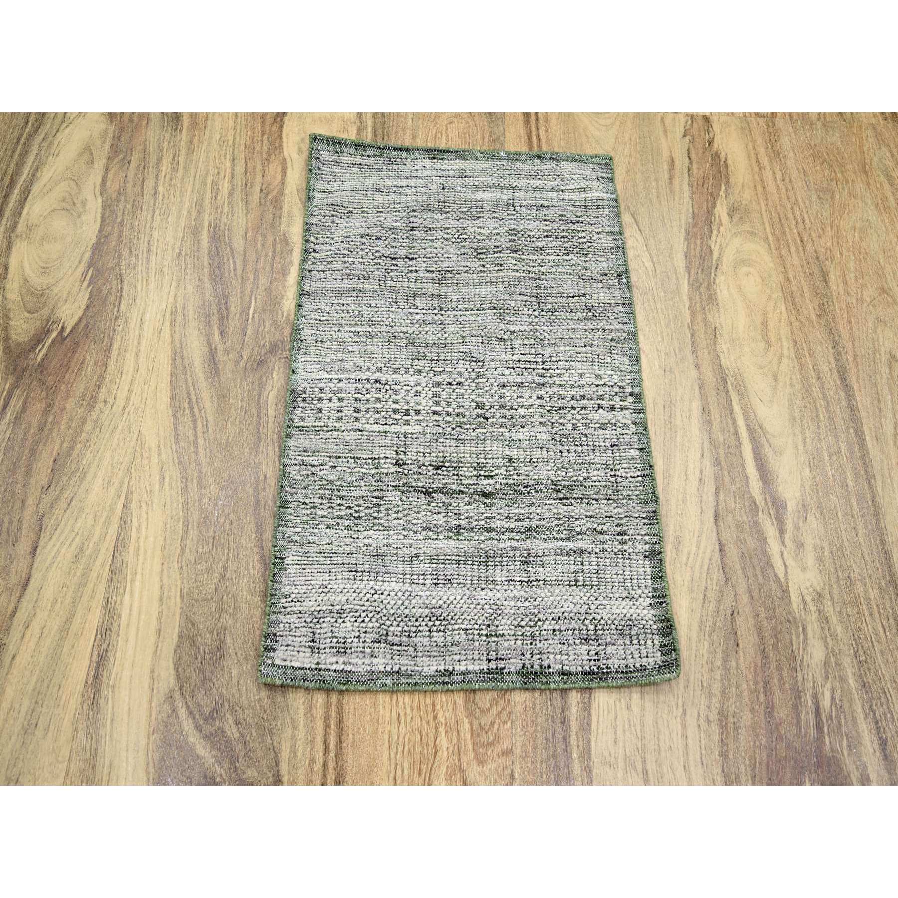 2'x3' Vista White with Basil Green, Oxidized and Distressed Grass Design with Exposed Warps, 100% Wool, Hand Knotted, Sample, Mat, Oriental Rug Sh76254