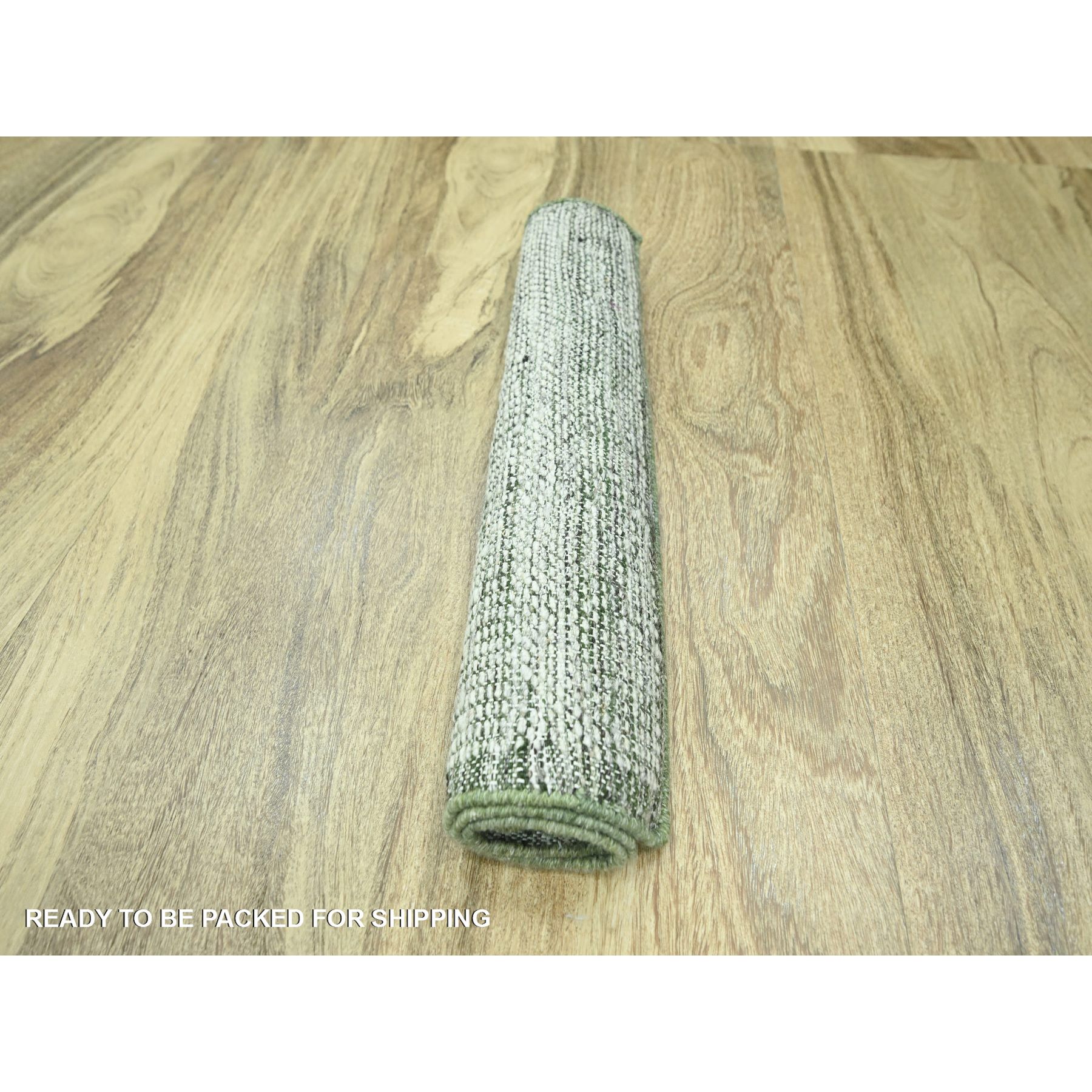 2'x3' Vista White with Basil Green, Oxidized and Distressed Grass Design with Exposed Warps, 100% Wool, Hand Knotted, Sample, Mat, Oriental Rug Sh76254