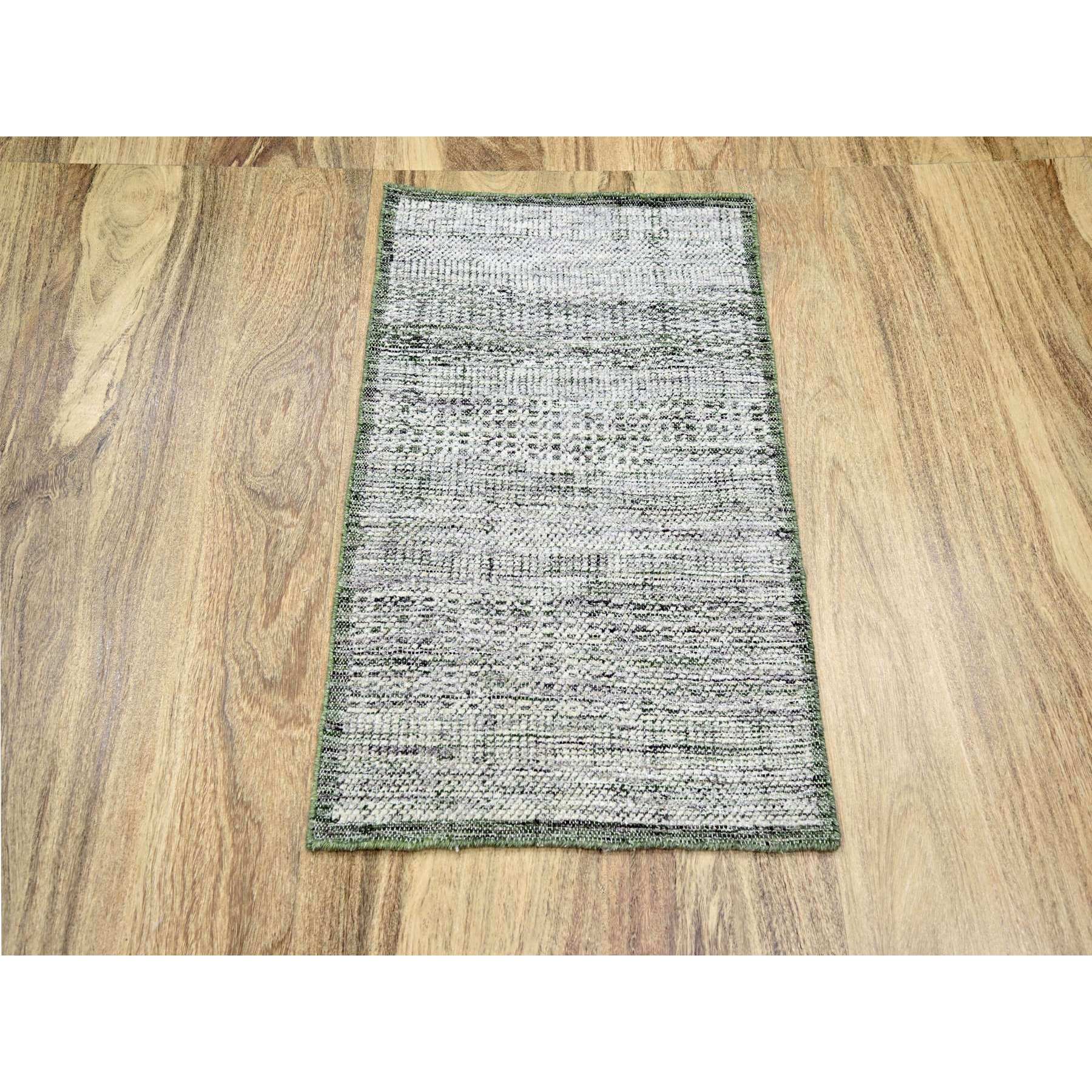 2'x3' Daisy White with Seaweed Green, Oxidized and Distressed Grass Design with Exposed Warps, Hand Knotted, 100% Wool, Mat, Sample, Oriental Rug Sh76255