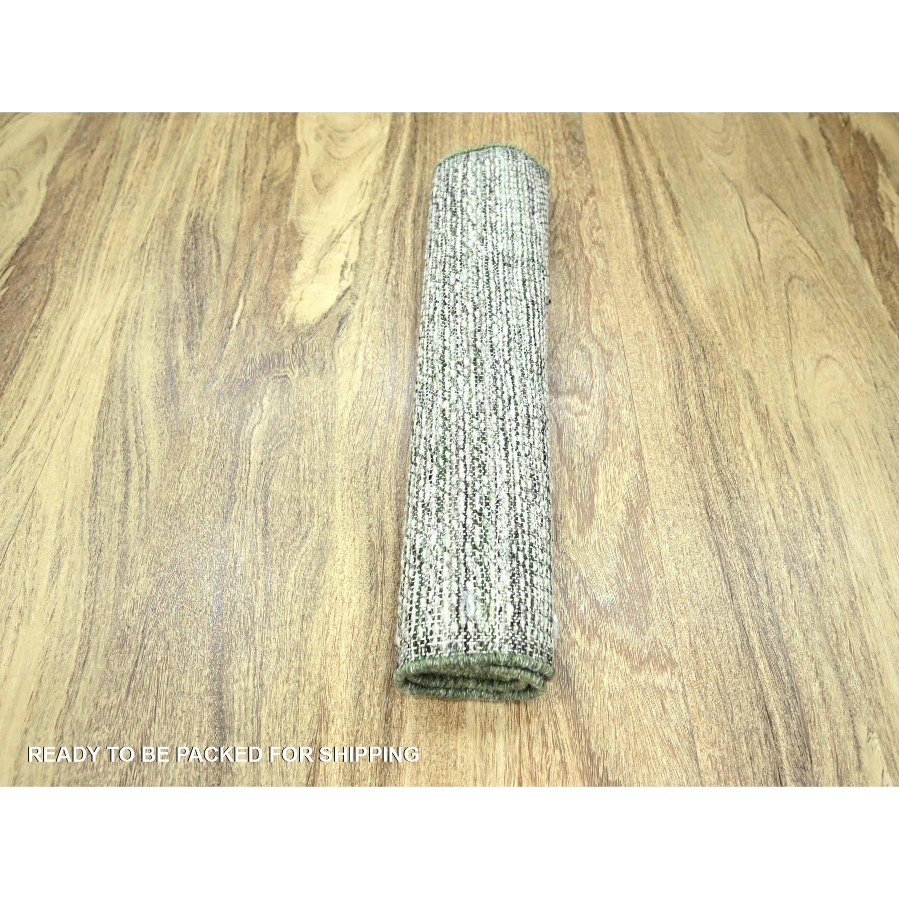 2'x3' Daisy White with Seaweed Green, Oxidized and Distressed Grass Design with Exposed Warps, Hand Knotted, 100% Wool, Mat, Sample, Oriental Rug Sh76255