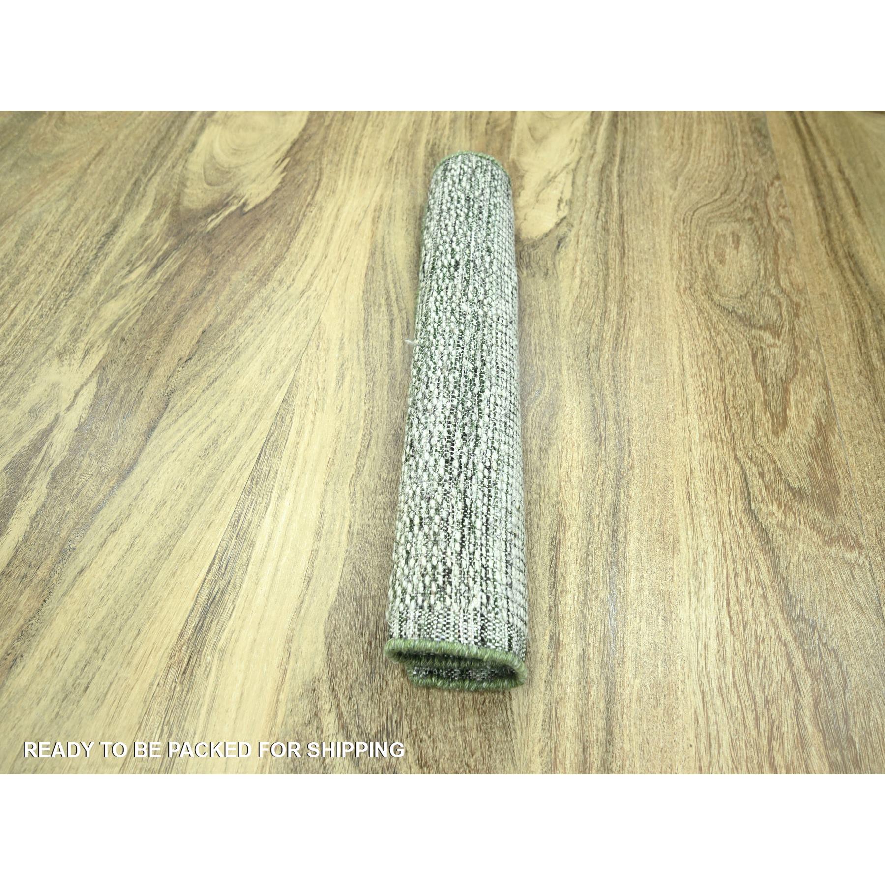 2'x3' Powder White with Hunter Green, Oxidized and Distressed Grass Design with Exposed Warps, 100% Wool, Hand Knotted, Mat, Sample, Oriental Rug Sh76256