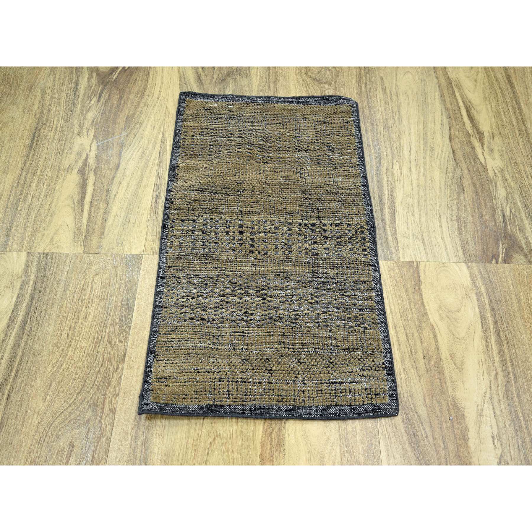 2'x3' Charcoal Black with Honey Brown, Oxidized and Distressed Grass Design with Exposed Warps, 100% Wool, Hand Knotted, Mat, Sample, Oriental Rug Sh76259