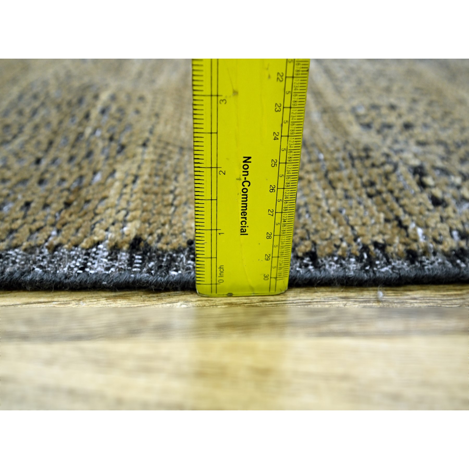 2'x3' Charcoal Black with Honey Brown, Oxidized and Distressed Grass Design with Exposed Warps, 100% Wool, Hand Knotted, Mat, Sample, Oriental Rug Sh76259