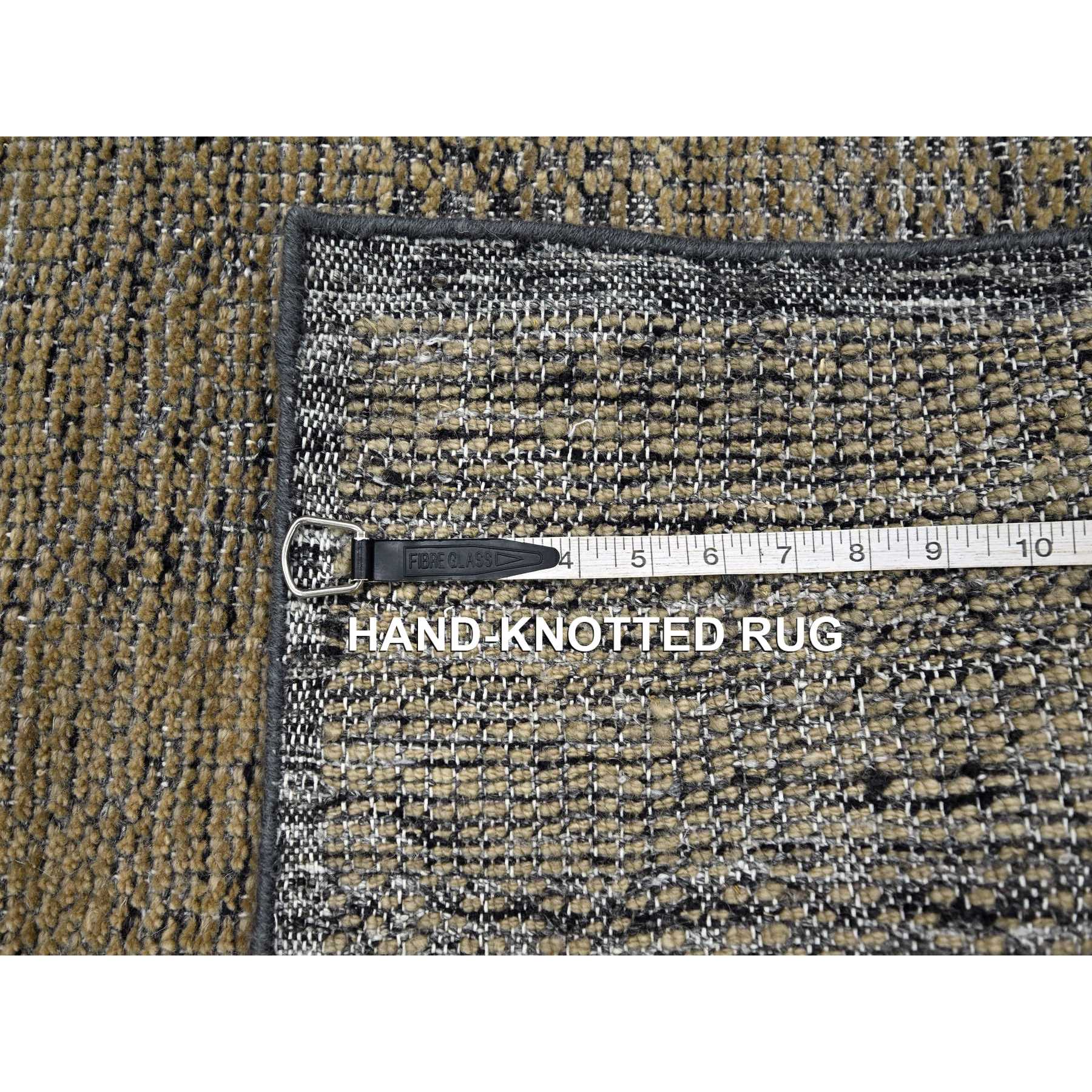 2'x3' Charcoal Black with Honey Brown, Oxidized and Distressed Grass Design with Exposed Warps, 100% Wool, Hand Knotted, Mat, Sample, Oriental Rug Sh76259