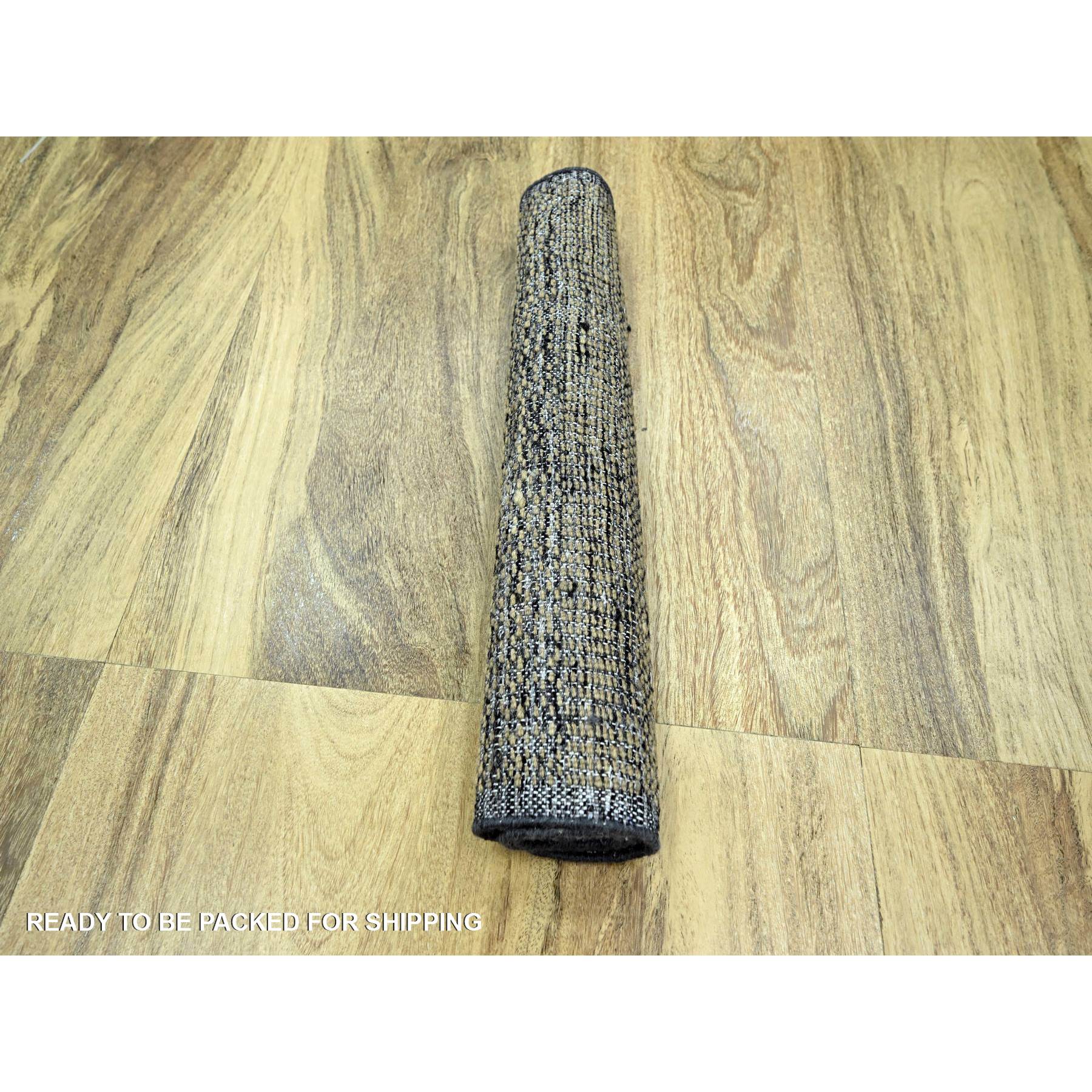 2'x3' Charcoal Black with Honey Brown, Oxidized and Distressed Grass Design with Exposed Warps, 100% Wool, Hand Knotted, Mat, Sample, Oriental Rug Sh76259