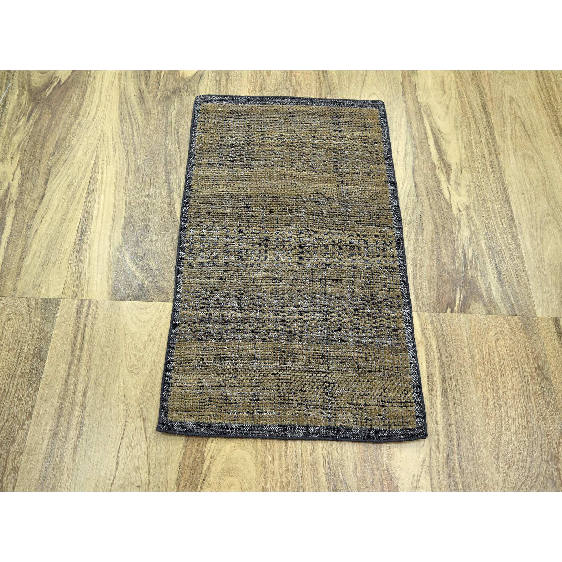 2'x3' Charcoal Black with Peanut Brown, Oxidized and Distressed Grass Design with Exposed Warps, 100% Wool, Hand Knotted, Sample, Mat, Oriental Rug Sh76260