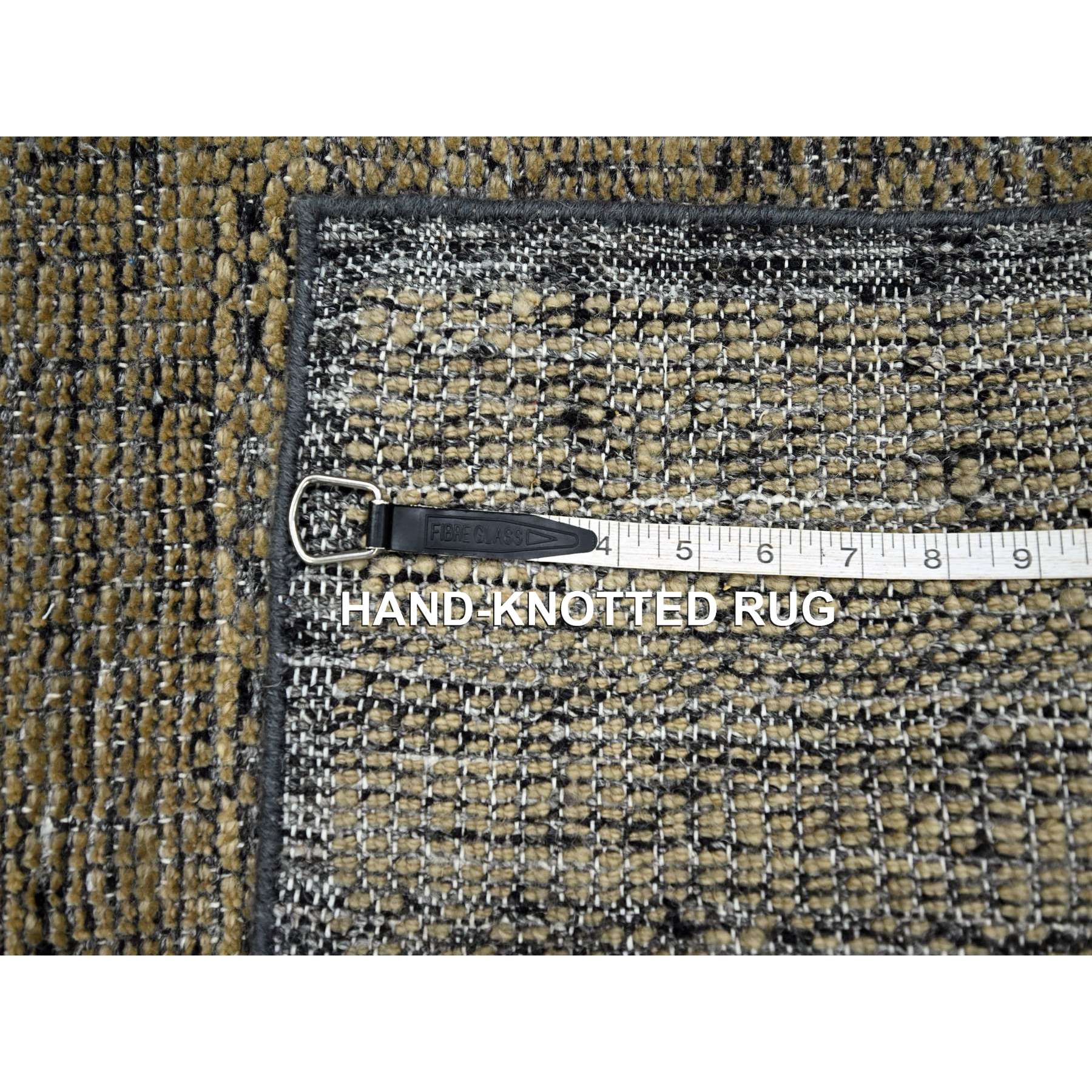 2'x3' Charcoal Black with Peanut Brown, Oxidized and Distressed Grass Design with Exposed Warps, 100% Wool, Hand Knotted, Sample, Mat, Oriental Rug Sh76260