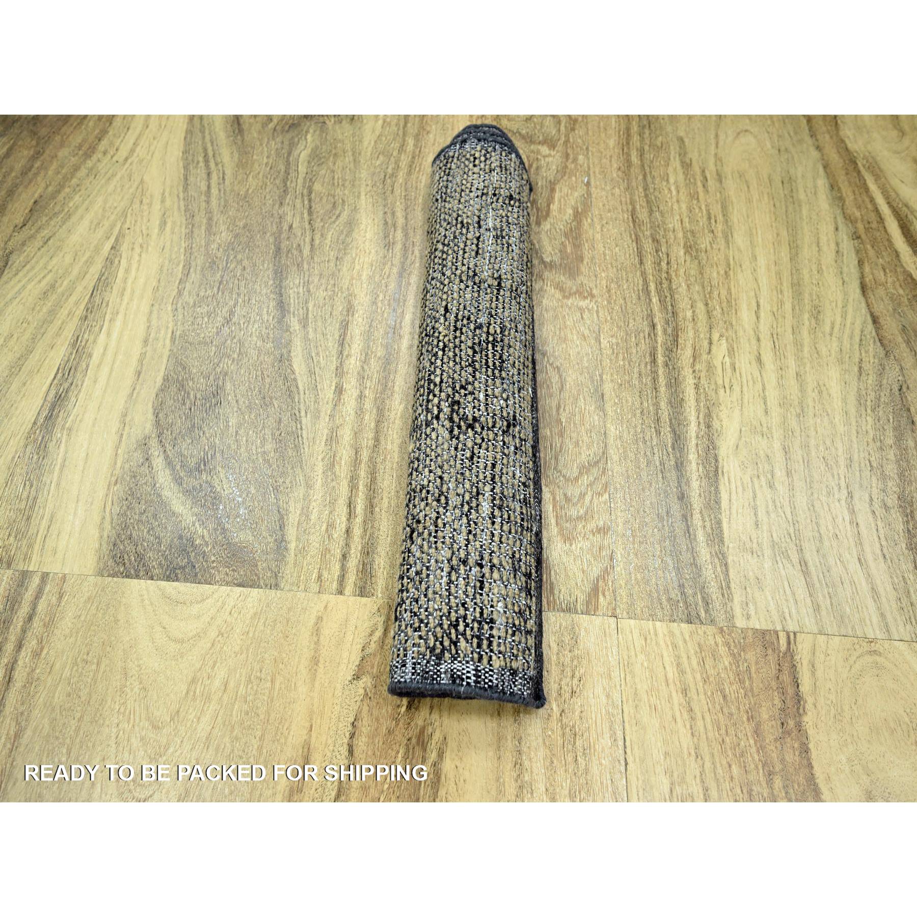 2'x3' Charcoal Black with Peanut Brown, Oxidized and Distressed Grass Design with Exposed Warps, 100% Wool, Hand Knotted, Sample, Mat, Oriental Rug Sh76260