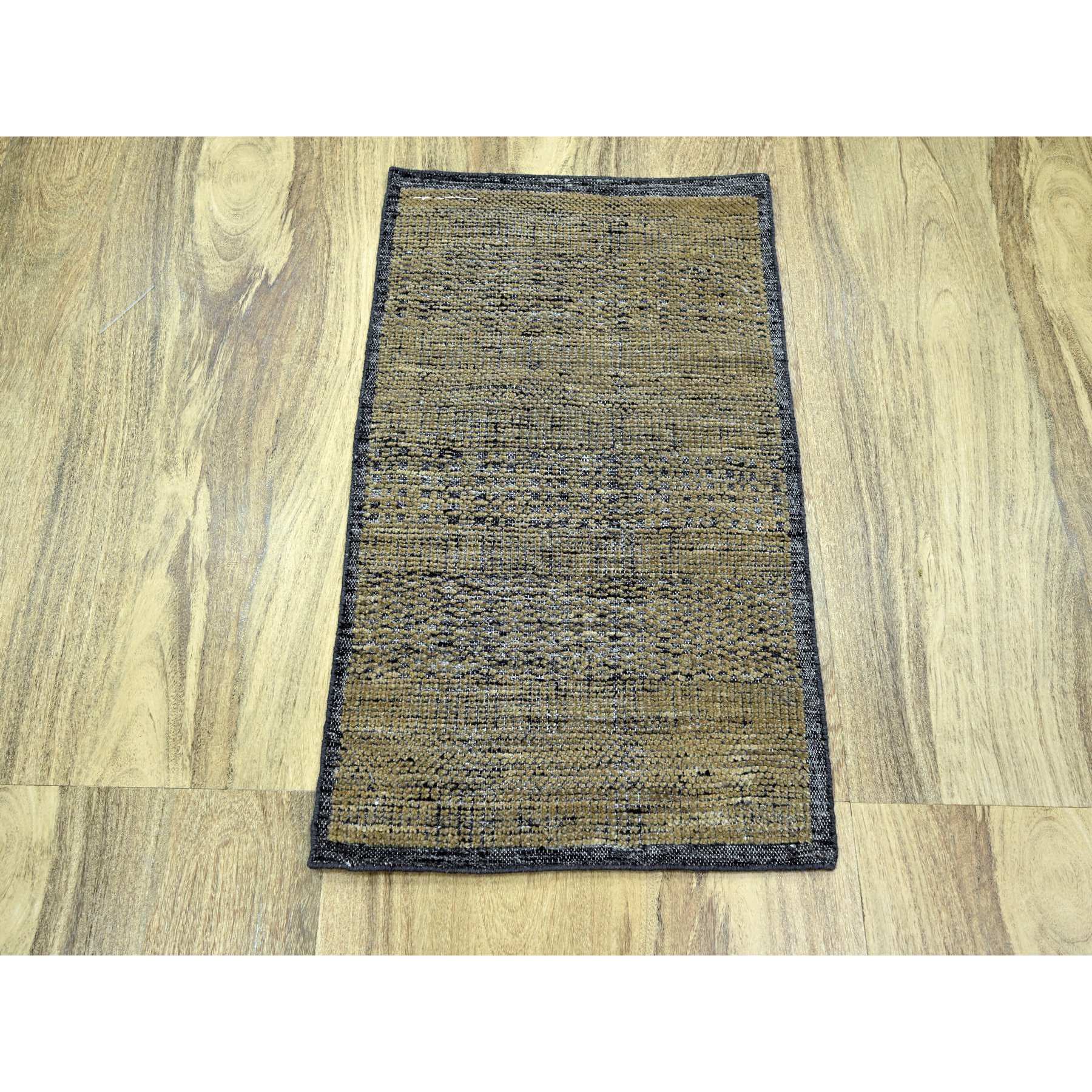 2'x3' Charcoal Black with Honey Brown, Oxidized and Distressed Grass Design with Exposed Warps, 100% Wool, Hand Knotted, Sample, Mat, Oriental Rug Sh76261