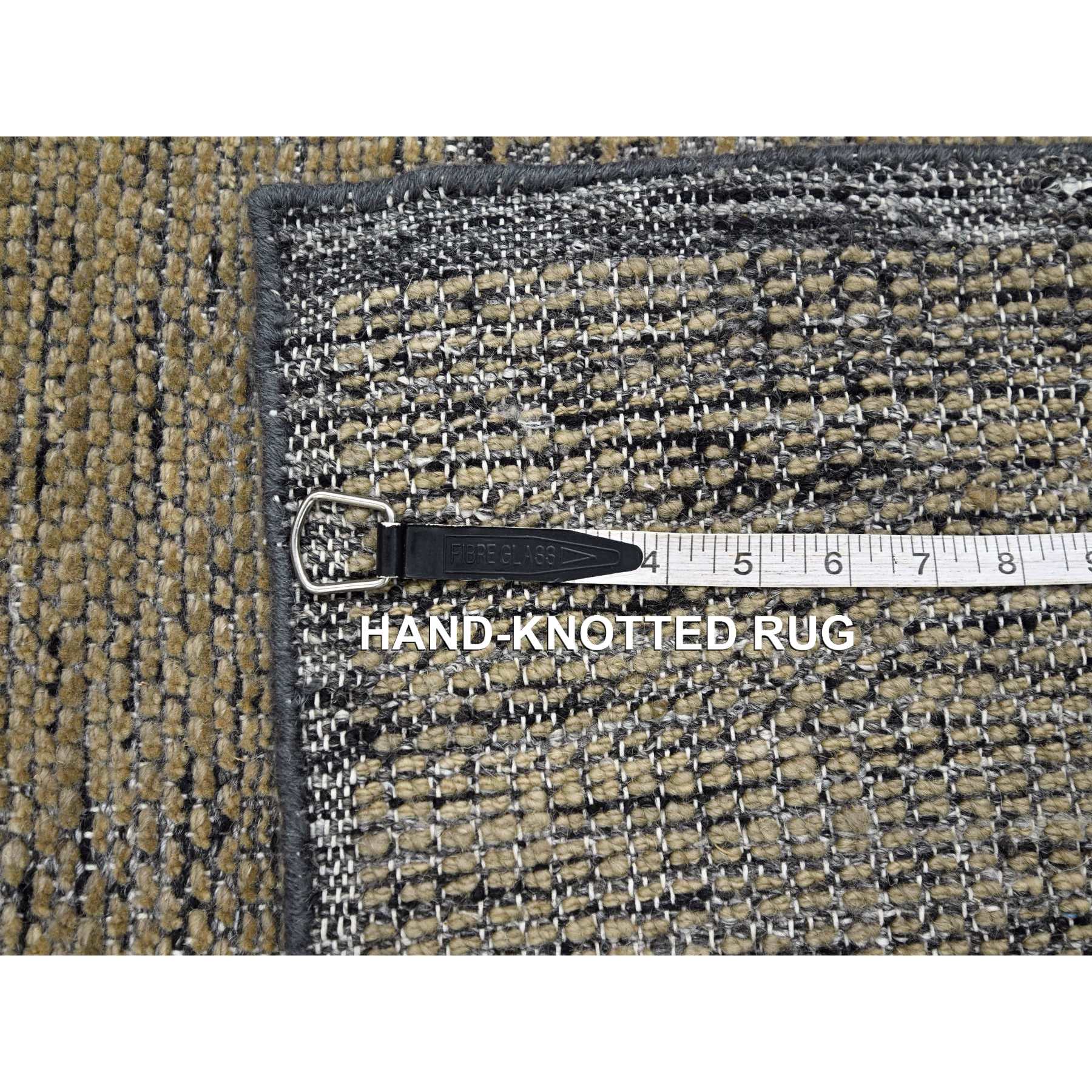 2'x3' Charcoal Black with Honey Brown, Oxidized and Distressed Grass Design with Exposed Warps, 100% Wool, Hand Knotted, Sample, Mat, Oriental Rug Sh76261