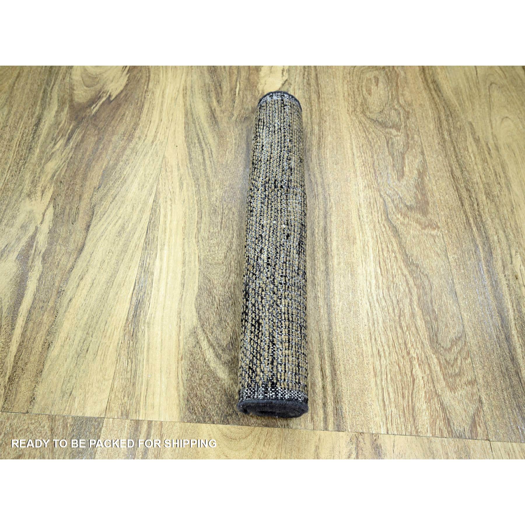 2'x3' Charcoal Black with Honey Brown, Oxidized and Distressed Grass Design with Exposed Warps, 100% Wool, Hand Knotted, Sample, Mat, Oriental Rug Sh76261