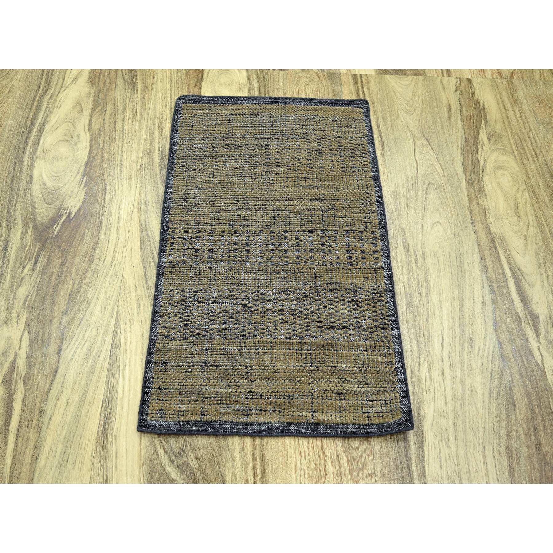 2'x3' Charcoal Black with Tawny Brown, Oxidized and Distressed Grass Design with Exposed Warps, 100% Wool, Hand Knotted, Mat, Sample, Oriental Rug Sh76262