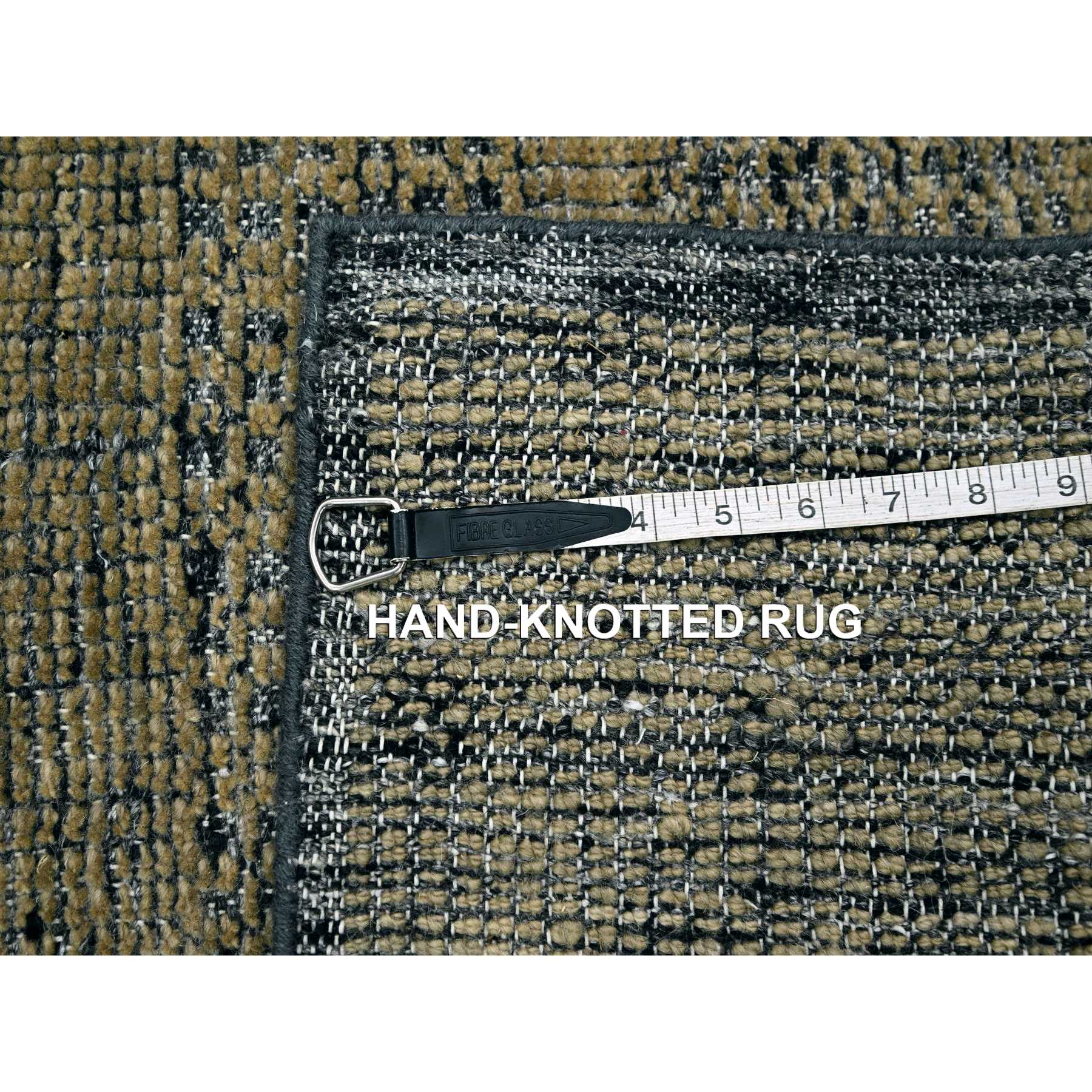2'x3' Charcoal Black with Tawny Brown, Oxidized and Distressed Grass Design with Exposed Warps, 100% Wool, Hand Knotted, Mat, Sample, Oriental Rug Sh76262