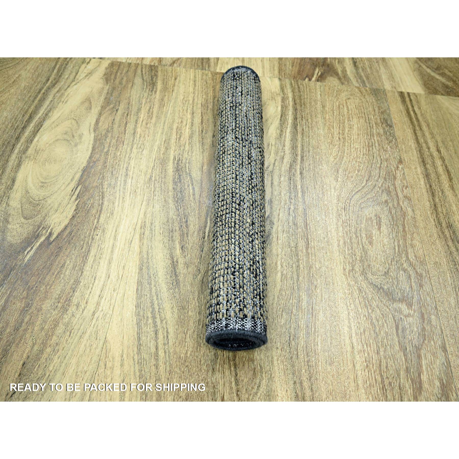 2'x3' Charcoal Black with Tawny Brown, Oxidized and Distressed Grass Design with Exposed Warps, 100% Wool, Hand Knotted, Mat, Sample, Oriental Rug Sh76262