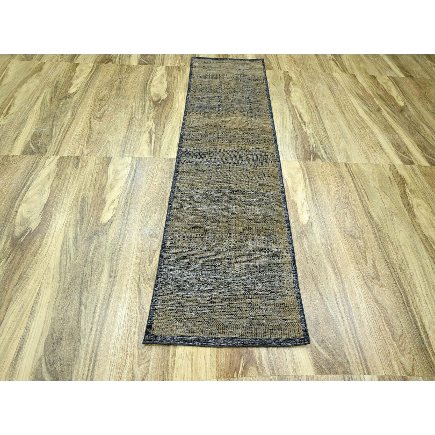 2'6"x8' Charcoal Black with Bone Brown, Oxidized and Distressed Grass Design with Exposed Warps, 100% Wool, Hand Knotted, Runner, Oriental Rug Sh76264