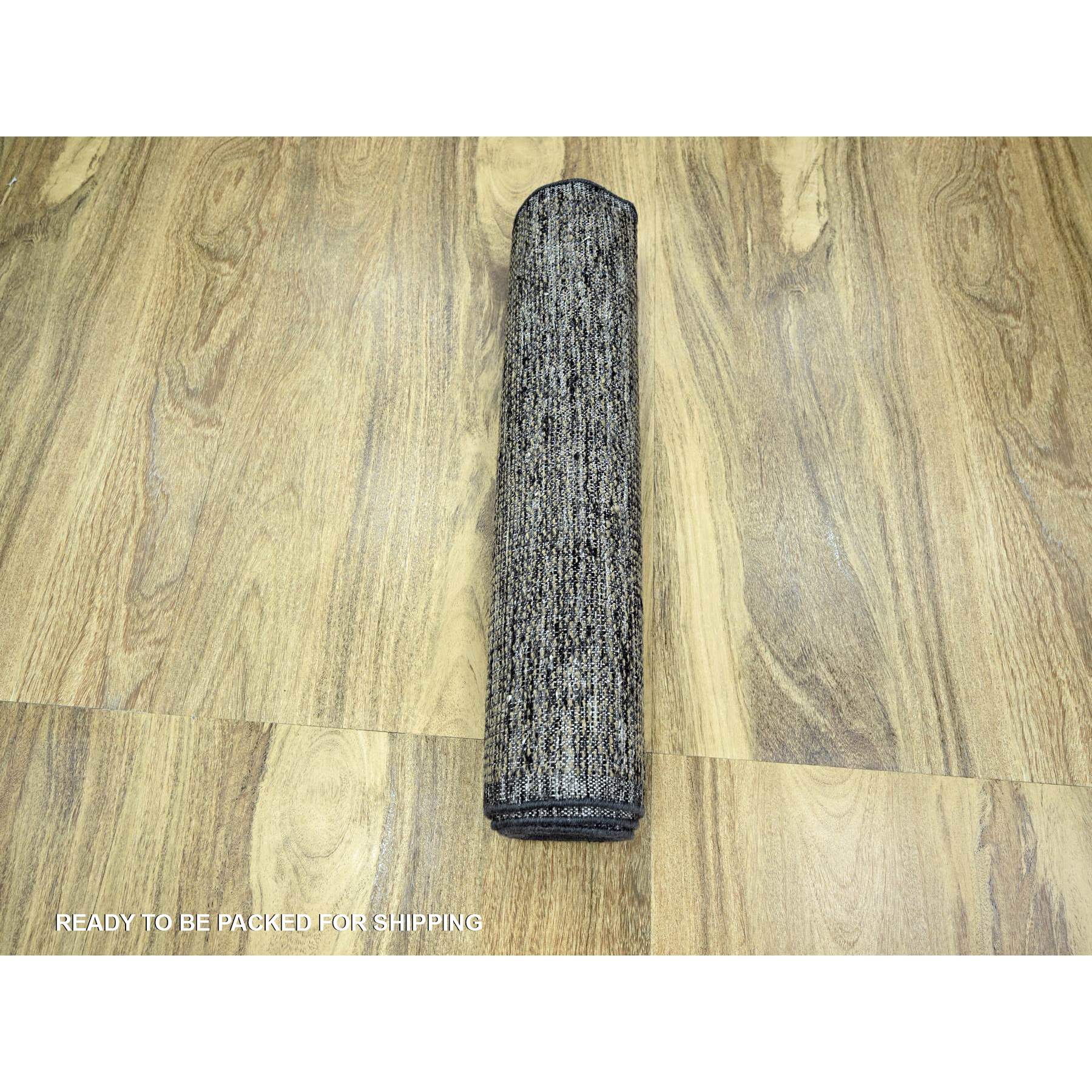 2'6"x8' Charcoal Black with Bone Brown, Oxidized and Distressed Grass Design with Exposed Warps, 100% Wool, Hand Knotted, Runner, Oriental Rug Sh76264