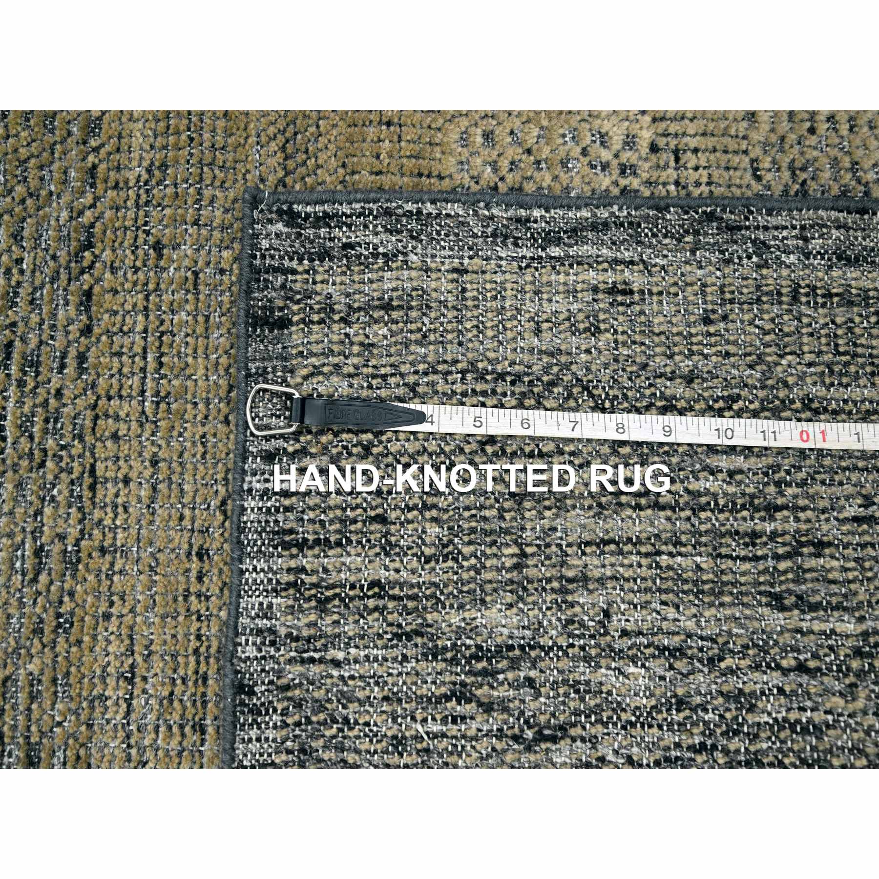 2'6"x8' Charcoal Black with Bone Brown, Oxidized and Distressed Grass Design with Exposed Warps, 100% Wool, Hand Knotted, Runner, Oriental Rug Sh76264
