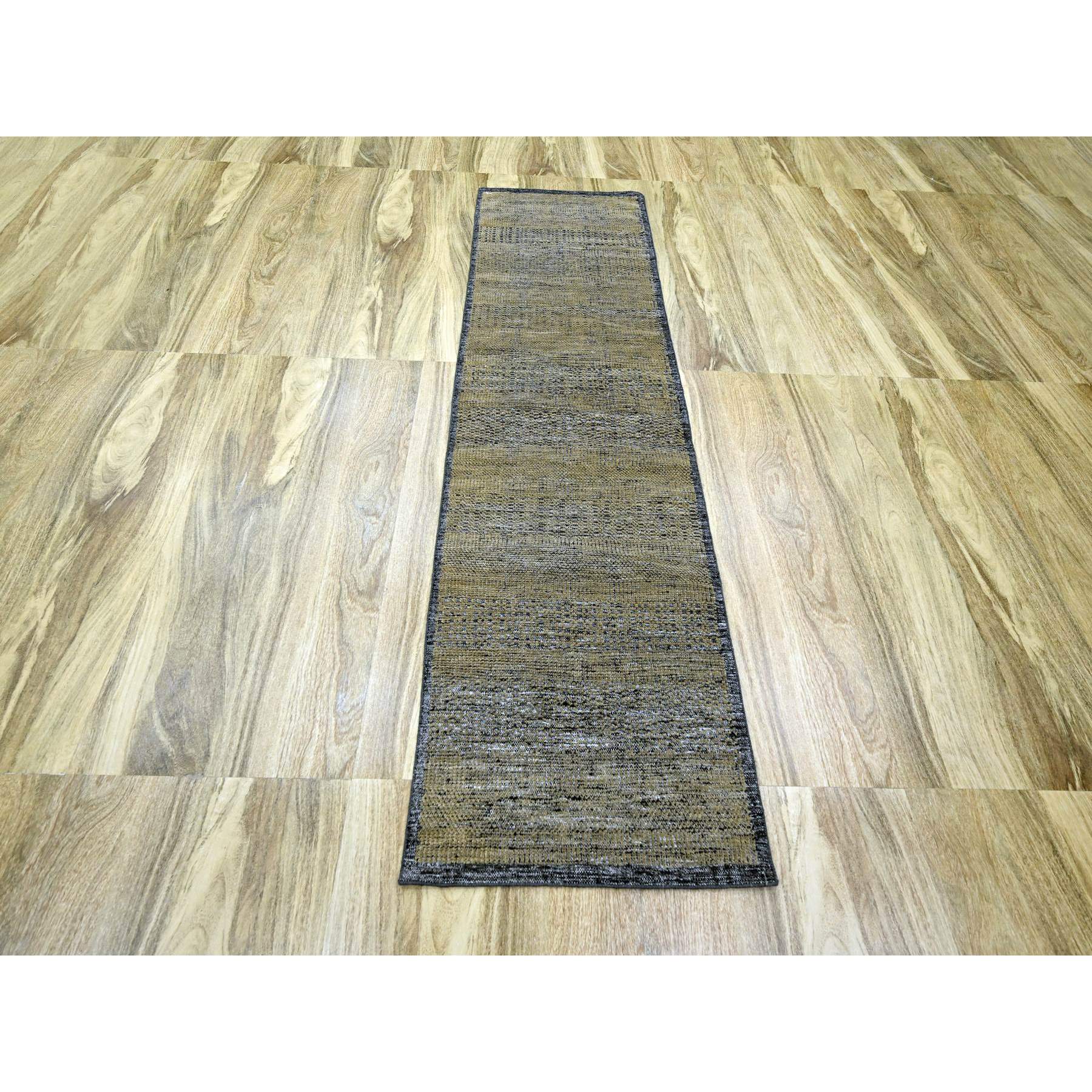 2'6"x8' Dijon Brown with Charcoal Black, Hand Knotted, Oxidized and Distressed Grass Design with Exposed Warps, 100% Wool, Runner, Oriental Rug Sh76265
