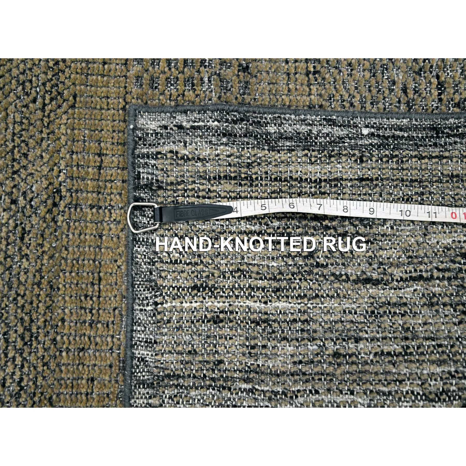2'6"x8' Dijon Brown with Charcoal Black, Hand Knotted, Oxidized and Distressed Grass Design with Exposed Warps, 100% Wool, Runner, Oriental Rug Sh76265