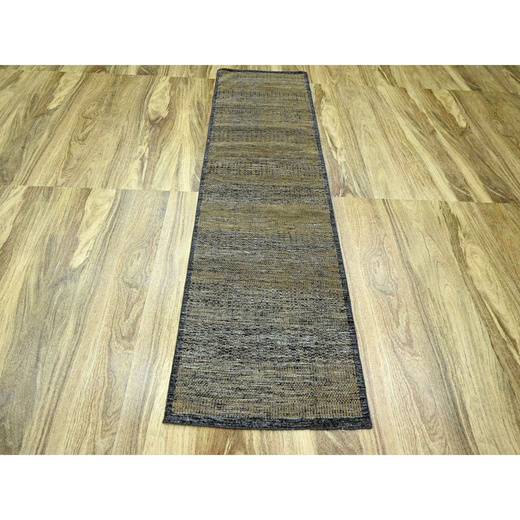2'6"x8' Latte Brown with Charcoal Black, Oxidized and Distressed Grass Design with Exposed Warps, Pure Wool, Hand Knotted, Runner, Oriental Rug Sh76266
