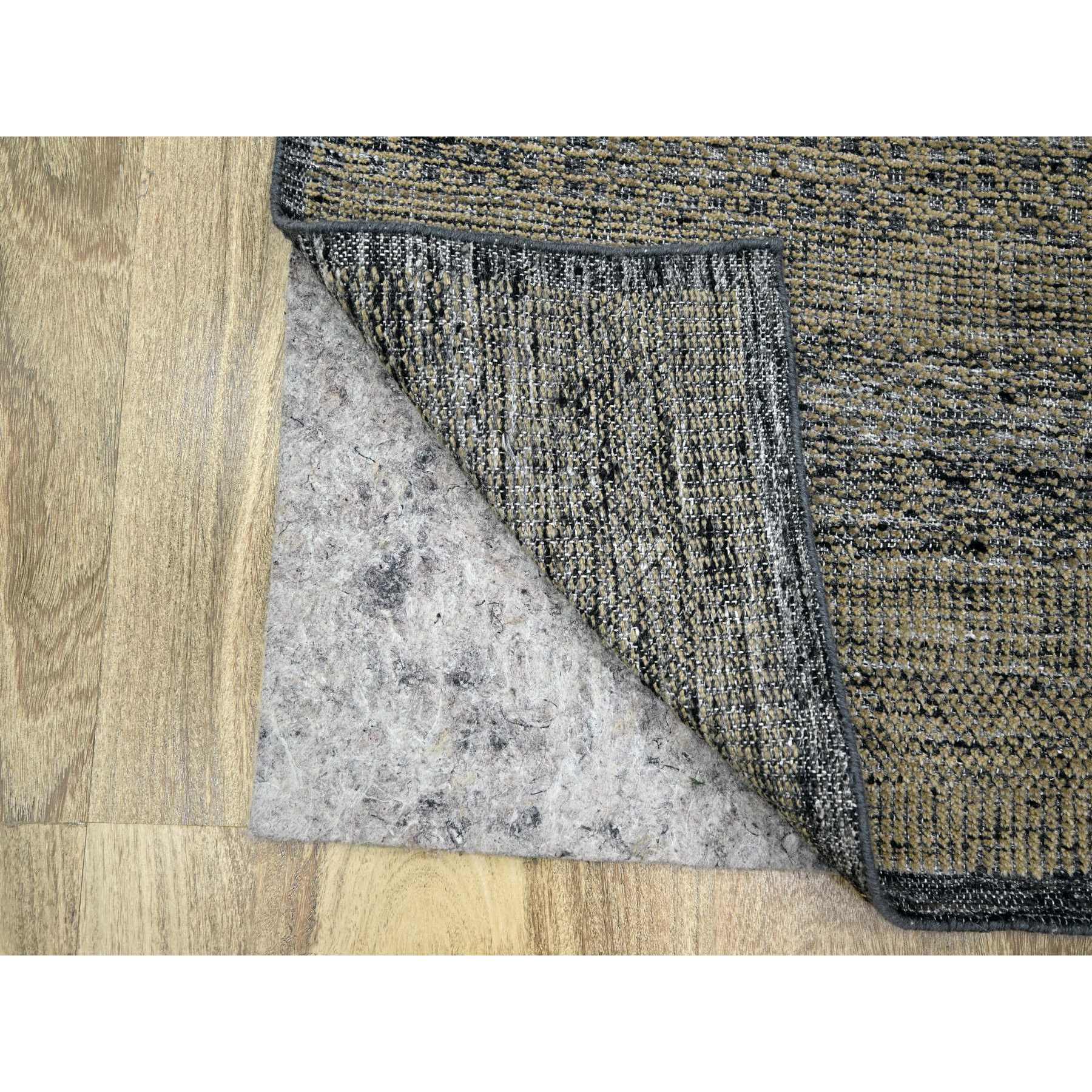 2'6"x8' Latte Brown with Charcoal Black, Oxidized and Distressed Grass Design with Exposed Warps, Pure Wool, Hand Knotted, Runner, Oriental Rug Sh76266