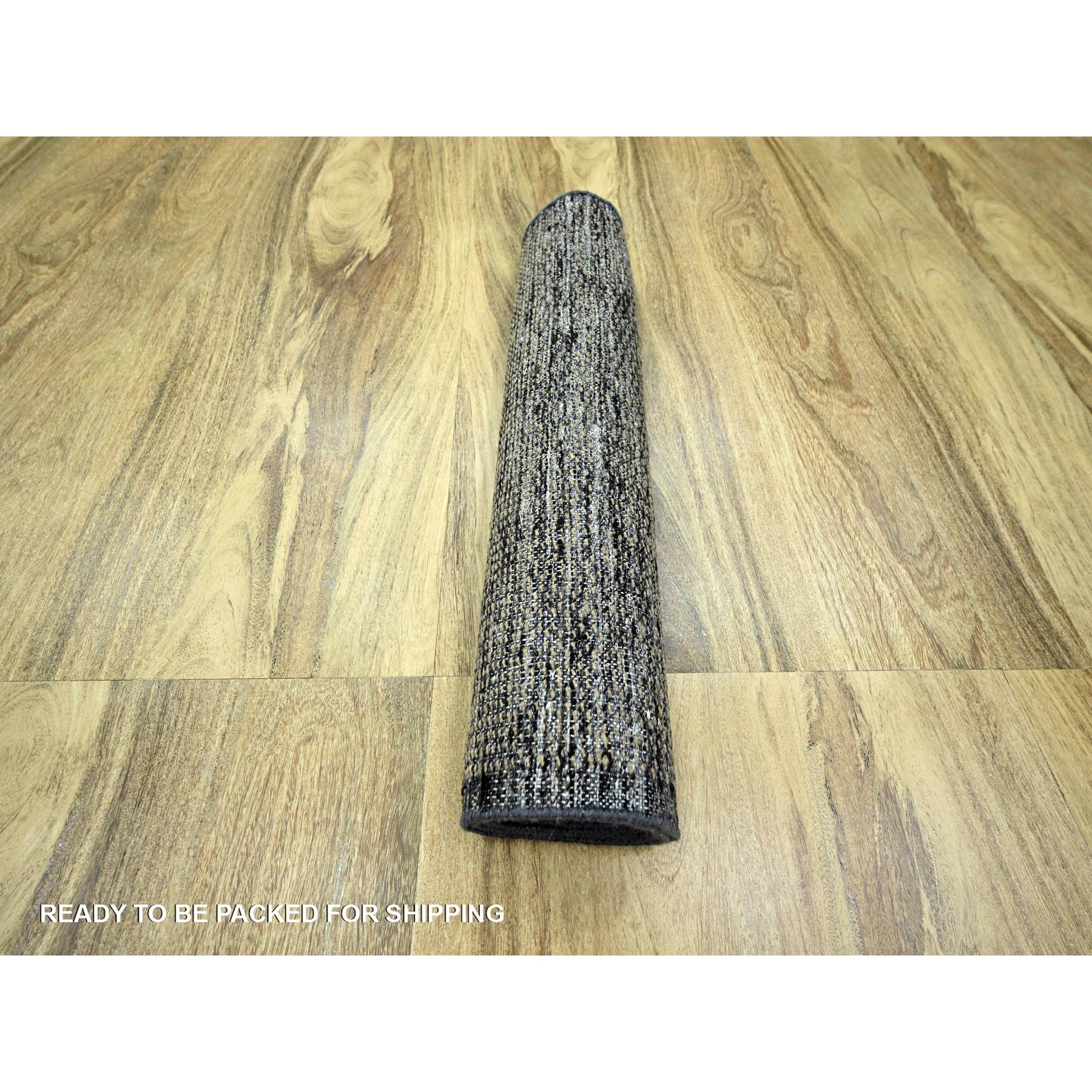 2'6"x8' Latte Brown with Charcoal Black, Oxidized and Distressed Grass Design with Exposed Warps, Pure Wool, Hand Knotted, Runner, Oriental Rug Sh76266