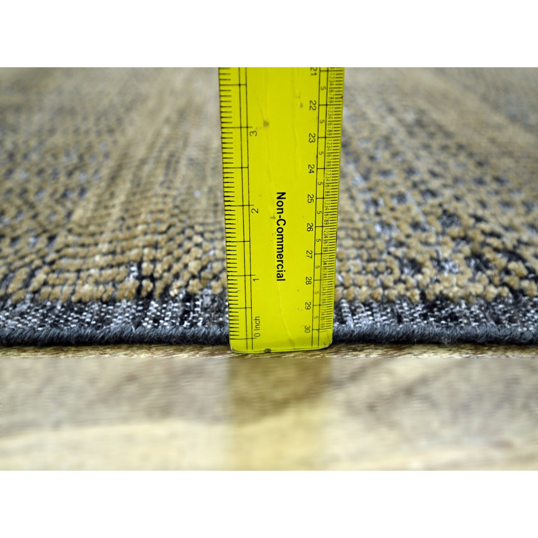2'6"x8' Latte Brown with Charcoal Black, Oxidized and Distressed Grass Design with Exposed Warps, Pure Wool, Hand Knotted, Runner, Oriental Rug Sh76266