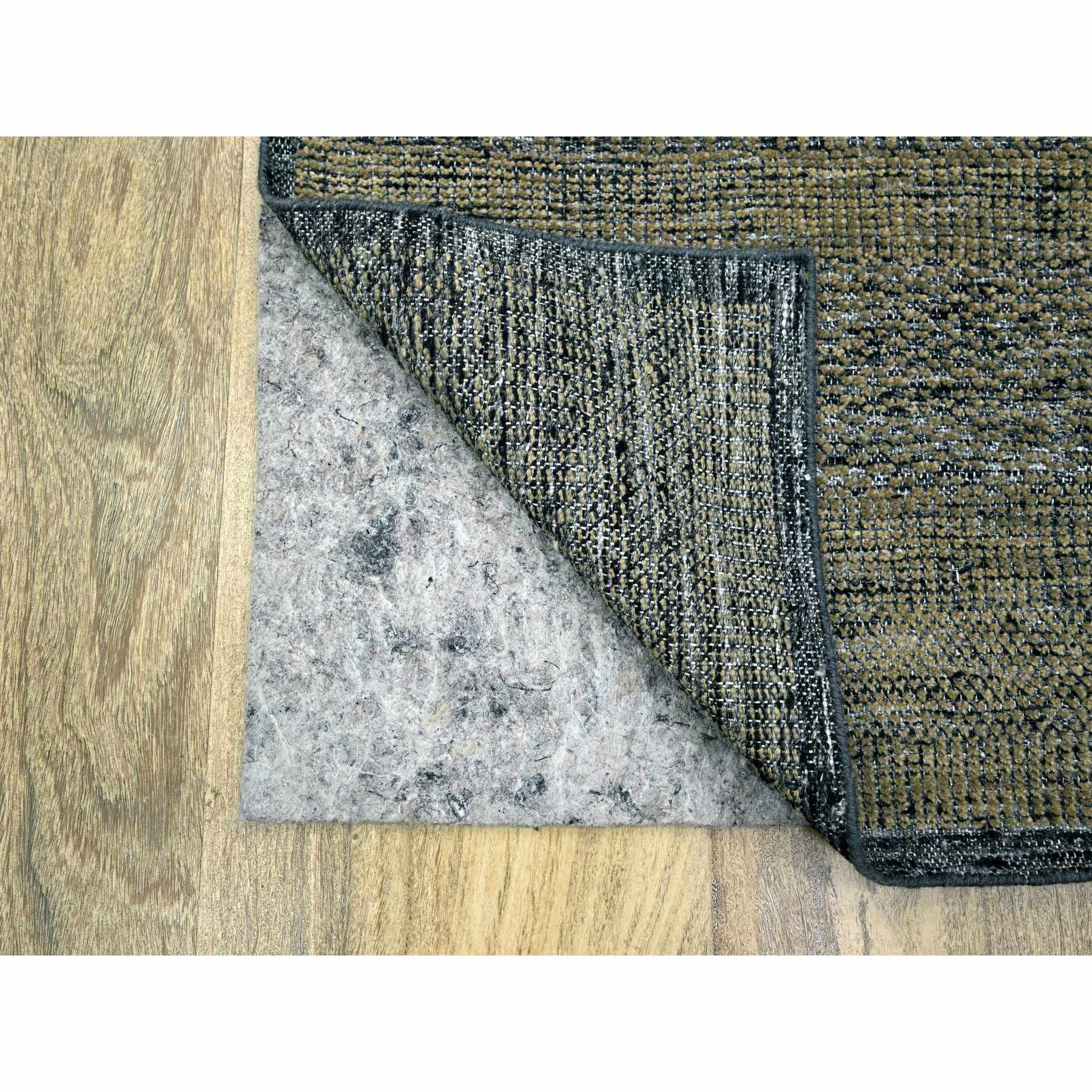 2'6"x8' Charcoal Black with Honey Brown, Oxidized and Distressed Grass Design with Exposed Warps, 100% Wool, Hand Knotted, Runner, Oriental Rug Sh76267