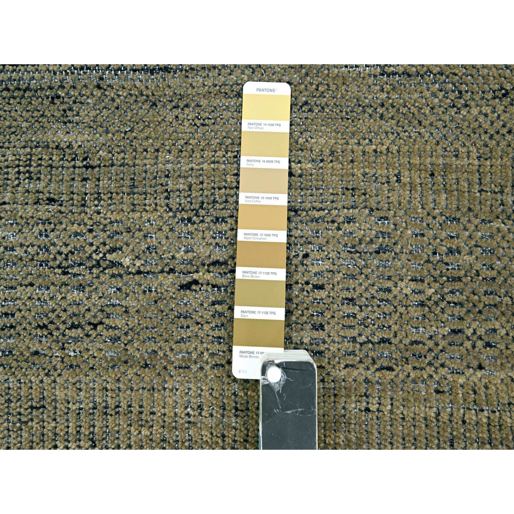 2'6"x8' Charcoal Black with Honey Brown, Oxidized and Distressed Grass Design with Exposed Warps, 100% Wool, Hand Knotted, Runner, Oriental Rug Sh76267