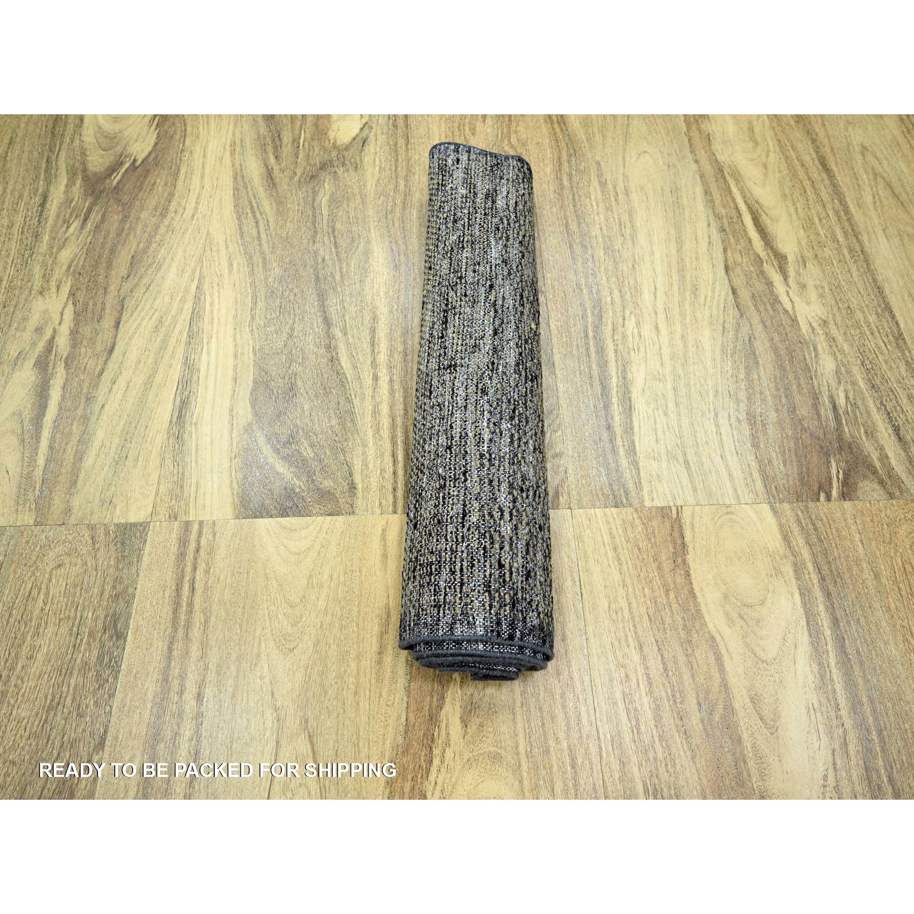 2'6"x8' Charcoal Black with Honey Brown, Oxidized and Distressed Grass Design with Exposed Warps, 100% Wool, Hand Knotted, Runner, Oriental Rug Sh76267