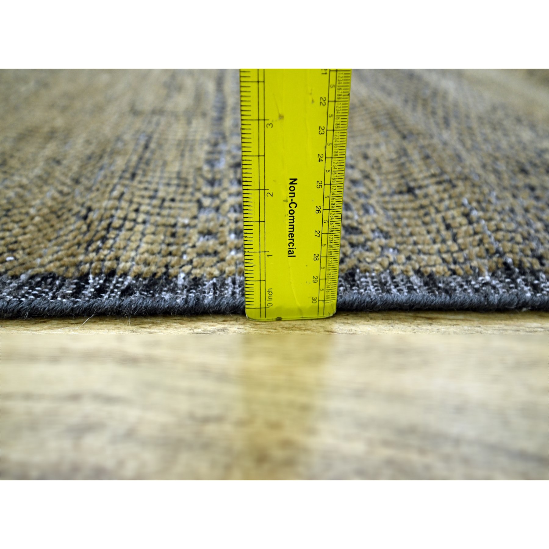 2'6"x8' Charcoal Black with Honey Brown, Oxidized and Distressed Grass Design with Exposed Warps, 100% Wool, Hand Knotted, Runner, Oriental Rug Sh76267