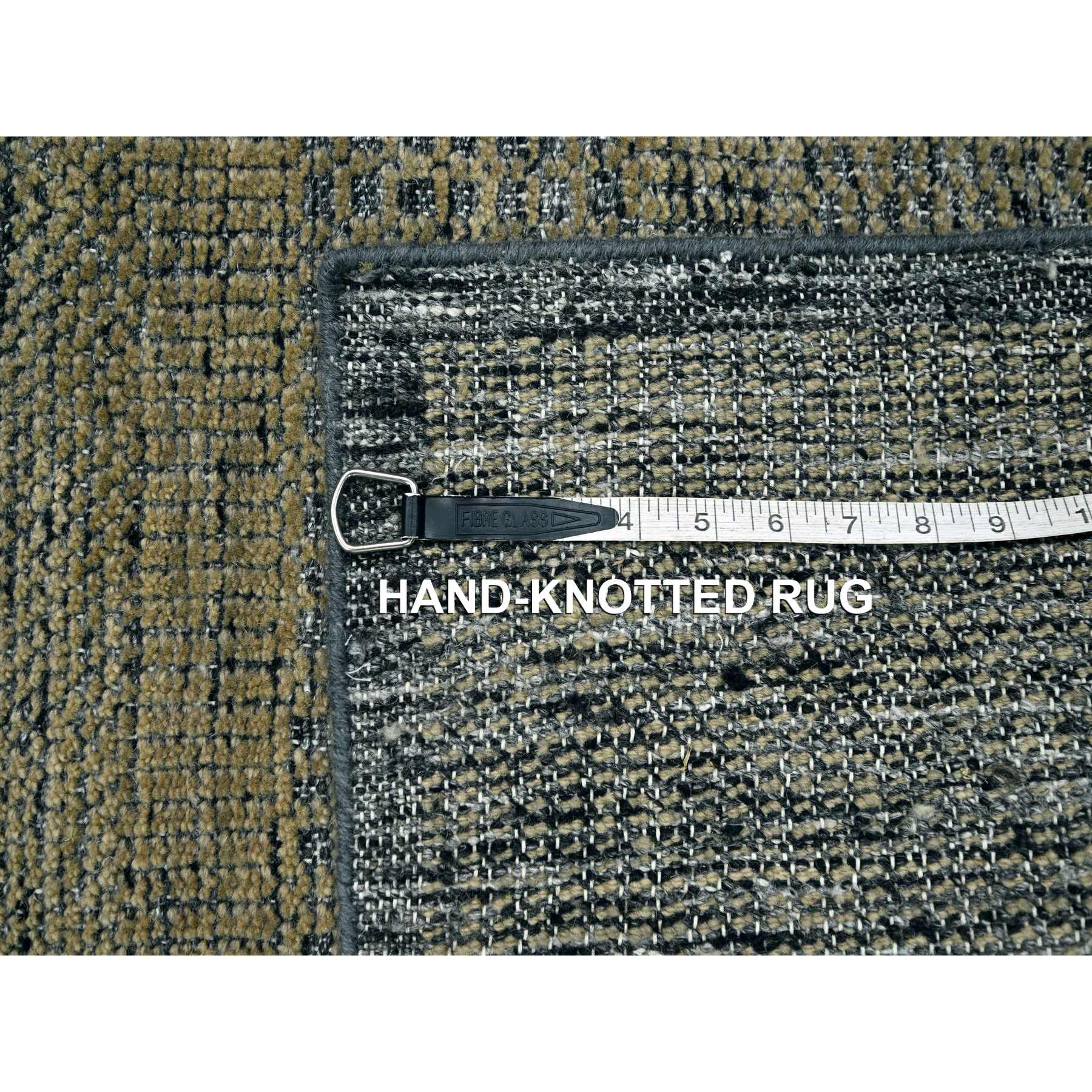 2'6"x8' Charcoal Black with Honey Brown, Oxidized and Distressed Grass Design with Exposed Warps, 100% Wool, Hand Knotted, Runner, Oriental Rug Sh76267