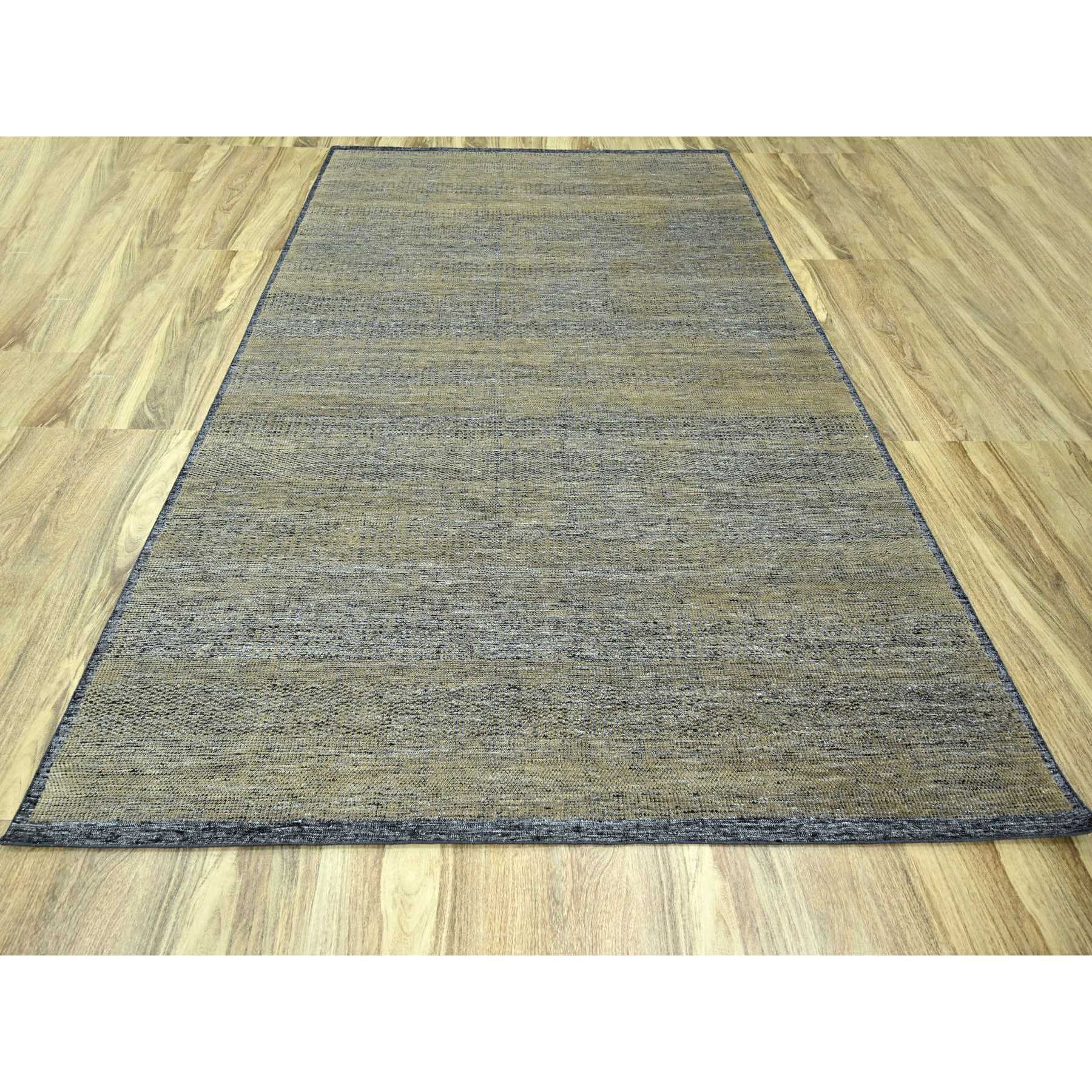 9'1"x12' Charcoal Black with Latte Brown, Oxidized and Distressed Grass Design with Exposed Warps, 100% Wool, Hand Knotted, Oriental Rug Sh76270