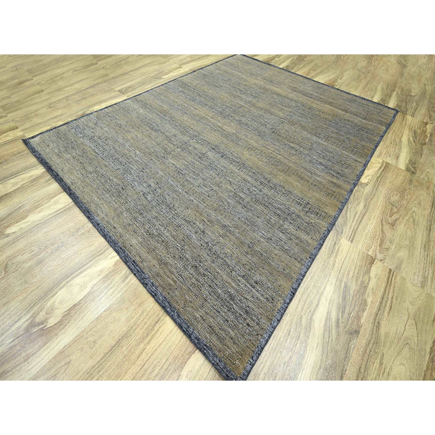 9'1"x12' Charcoal Black with Latte Brown, Oxidized and Distressed Grass Design with Exposed Warps, 100% Wool, Hand Knotted, Oriental Rug Sh76270