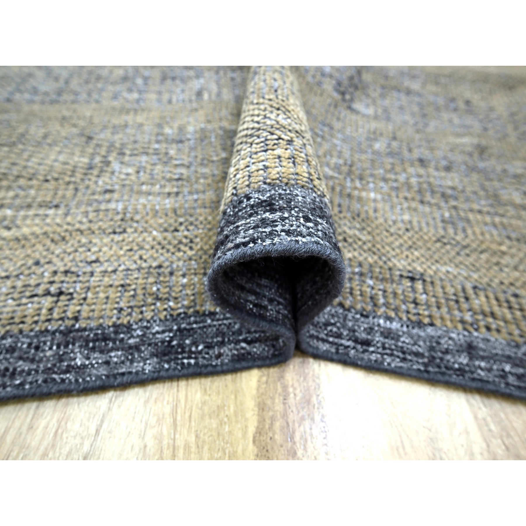 9'1"x12' Charcoal Black with Latte Brown, Oxidized and Distressed Grass Design with Exposed Warps, 100% Wool, Hand Knotted, Oriental Rug Sh76270